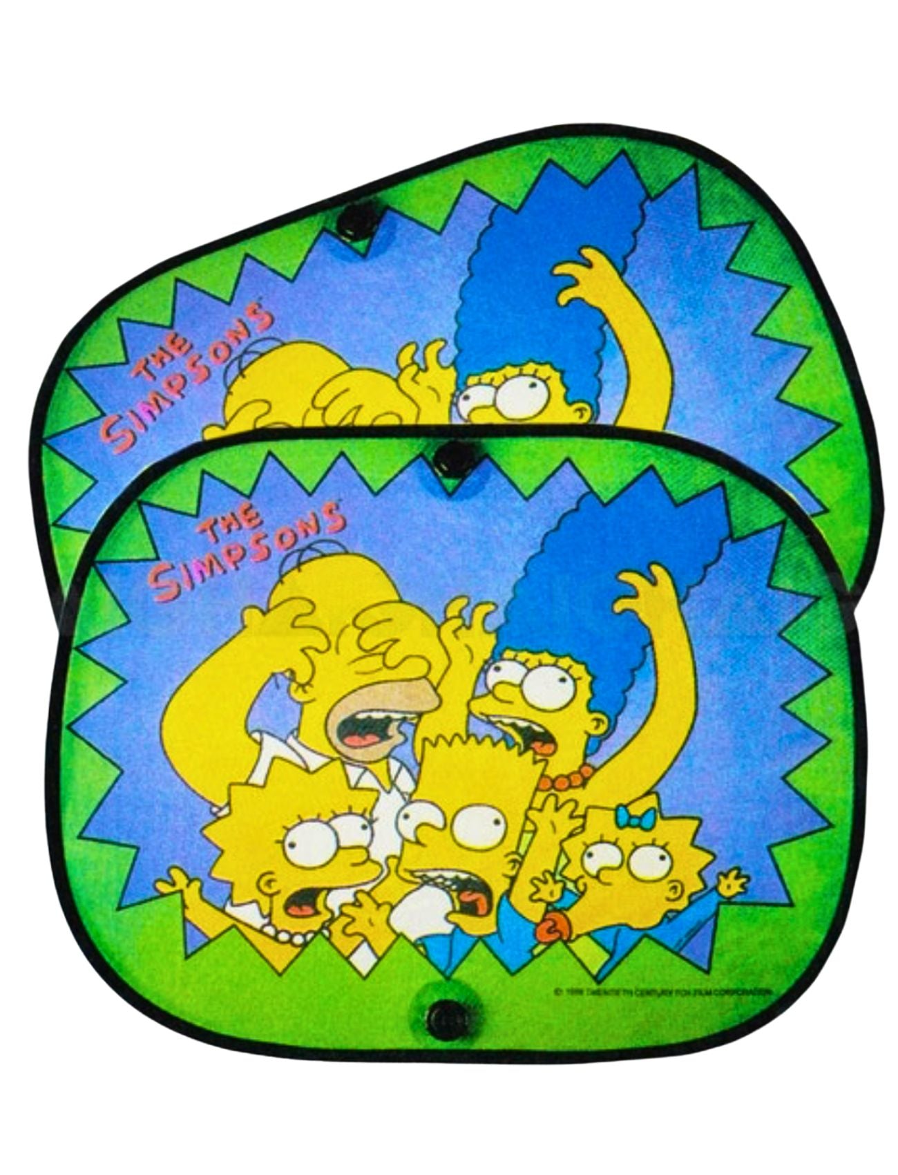 The Car Sun Shade Simpsons Side by Sunland-Protection showcases Homer playfully strangling Bart, with Marge, Lisa, and Maggie looking surprised. These vibrant blue and green shades add a humorous touch to your vehicle's decor.