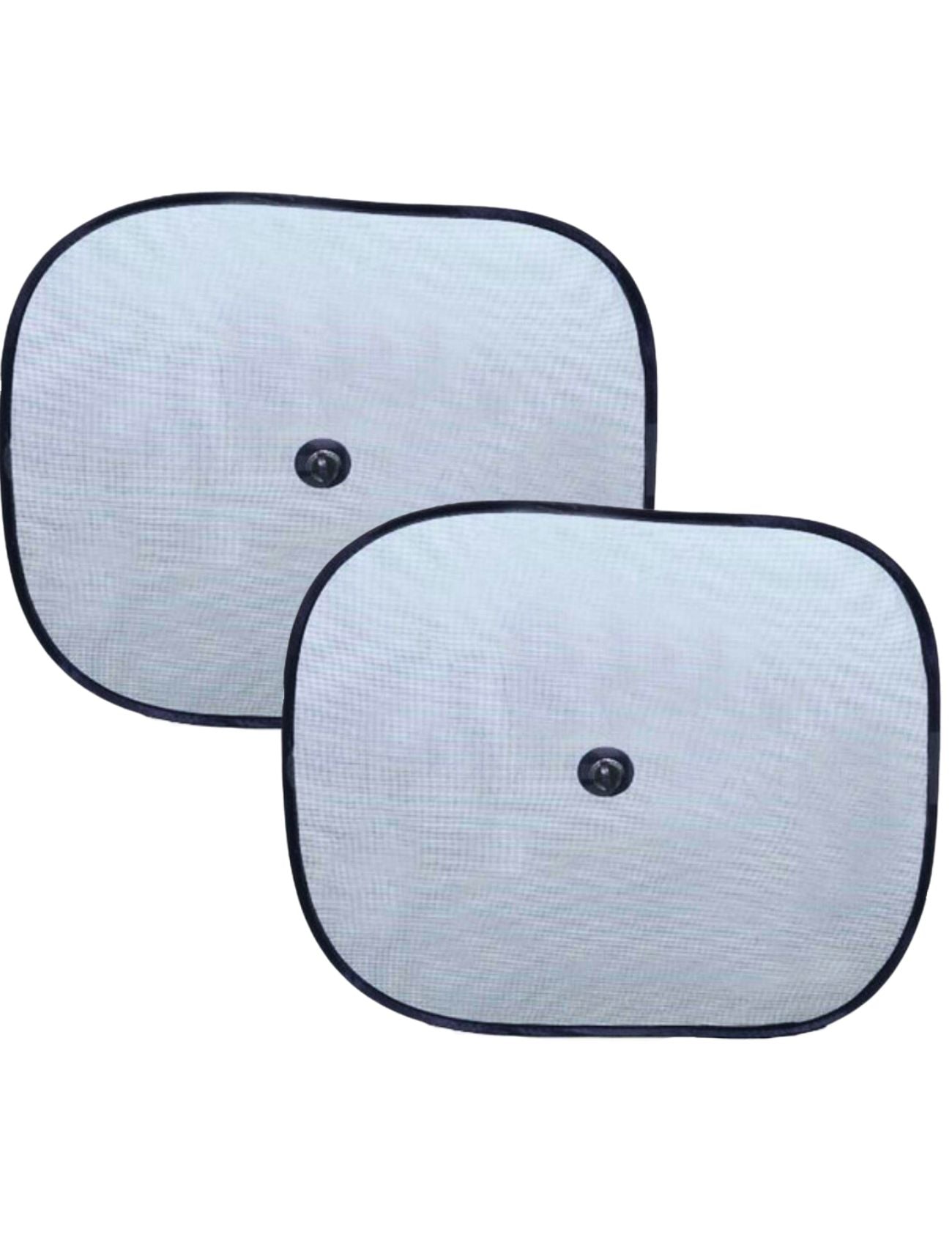 The Sunland-Protection Car Sun Shade Side, sized at 38cm x 42cm, features two light gray rectangular shades with rounded edges and a sleek black border, each equipped with a central round suction cup.