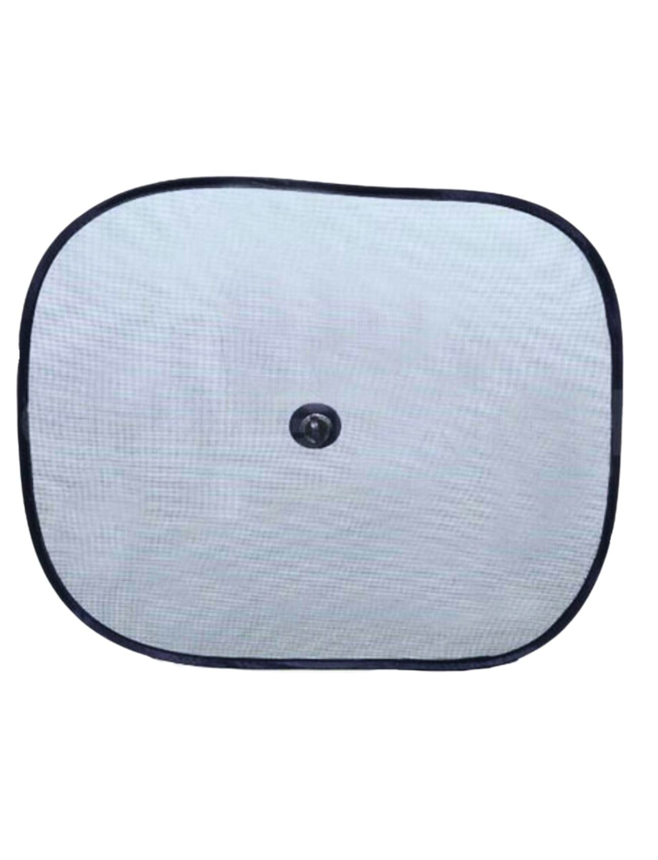 The Sunland-Protection Car Sun Shade, measuring 38cm x 42cm, is square with a white finish, rounded corners, and a sleek black border. It includes a central suction cup for easy attachment, offering both style and convenience to keep your car cool.