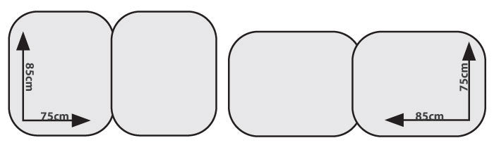 Illustration of four rounded rectangles aligned in a row, similar to sun visors or windscreen covers. The two on the left have dimensions of 75 cm by 85 cm, while the two on the right are sized at 85 cm by 75 cm. Black arrows and measurements emphasize their dimensions, effectively mirroring a schematic for Sunland-Protection's Interior Reflex Sun Shade Silver, with each unit measuring 85cm x 75cm.