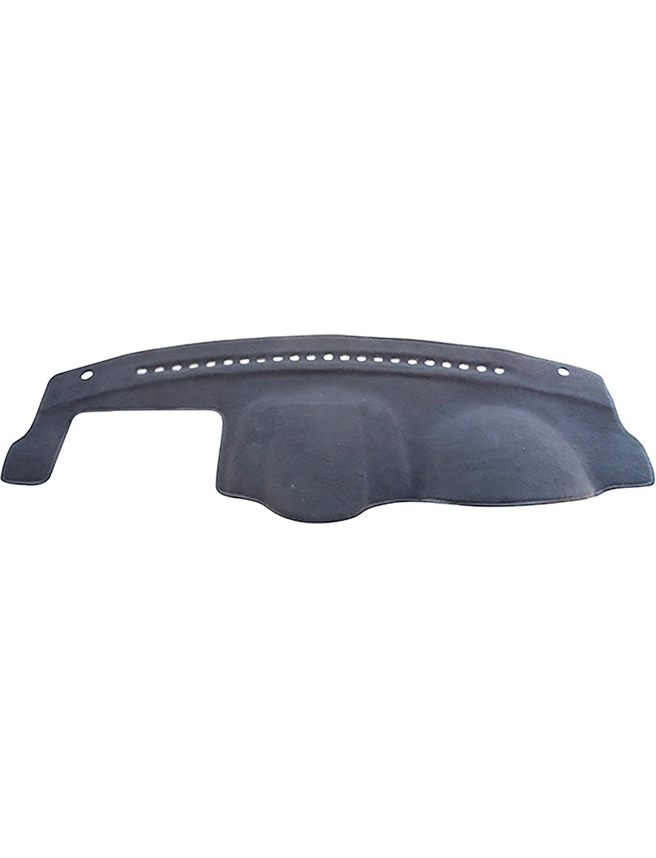 The Sunland Dash Mat Charcoal by Sunland-Protection is a dark gray, curved car dashboard cover with holes and cut-outs designed to fit the dashboards of Kia Sorento BL models from 02/2003 to 09/2009, excluding LX/EX-L Diesel. The cover has a smooth finish with visible textures and contours to accommodate various components and vents, effectively protecting the resale value of your vehicle.