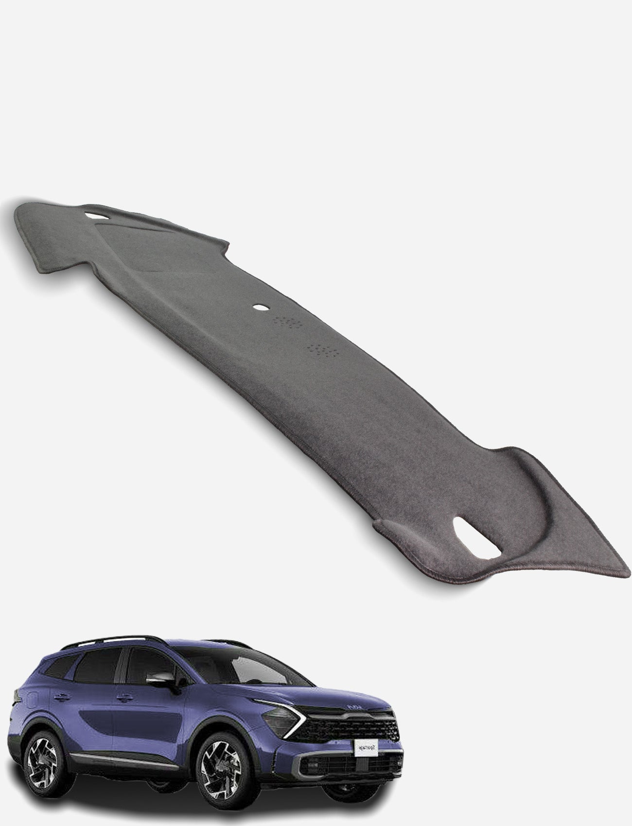 A gray Sunland-Protection Kia Sportage Dash Mat is shown above a blue Kia Sportage SUV on a white background. This Air Bag Safe cover helps minimize windscreen fogging and protects your dash.