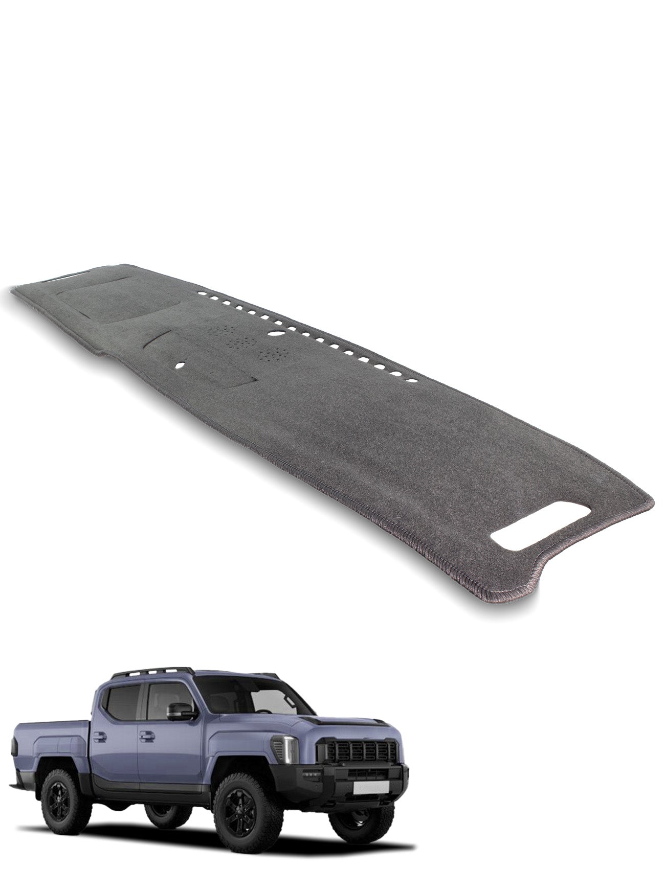 A Sunland-Protection Kia Tasman TK Dash Mat in grey is shown above a blue pickup on a white background. The mat is custom-shaped for the dashboard with vent cutouts and helps block glare.