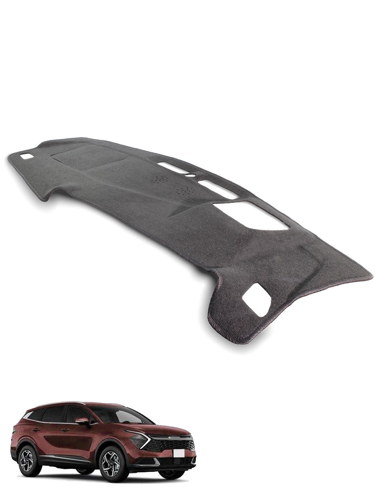 A Sunland-Protection Kia Sportage NQ5 PE Dash Mat in black is shown above a maroon Kia Sportage on a white background, contoured to the dashboard with precise cutouts for vents and features.