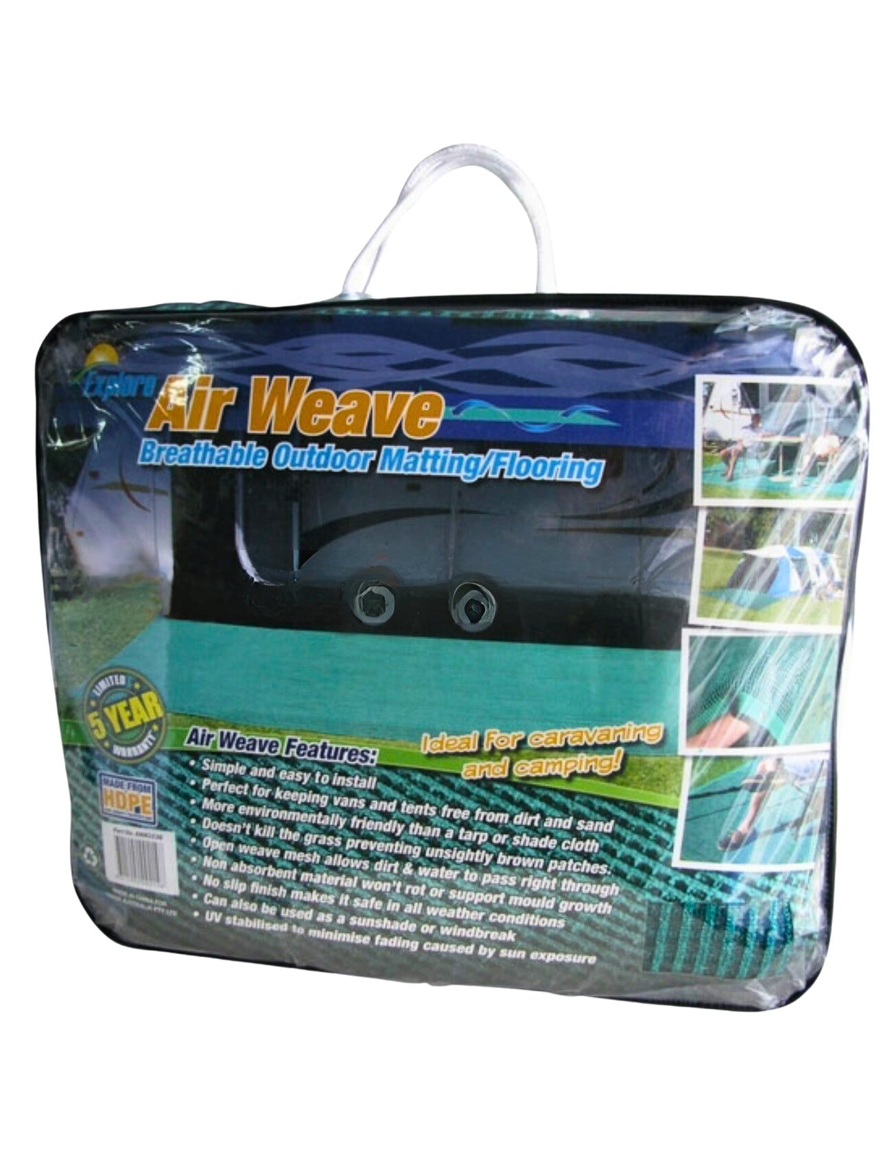 The packaging for Sunland-Protection's ANNEX MATTING 2.5m x 5.0m GREEN features images of the mat being used, highlighting its perfect fit for caravanning and camping purposes. The transparent packaging includes a handle for easy carrying and promotes the mat's efficient dirt removal properties.