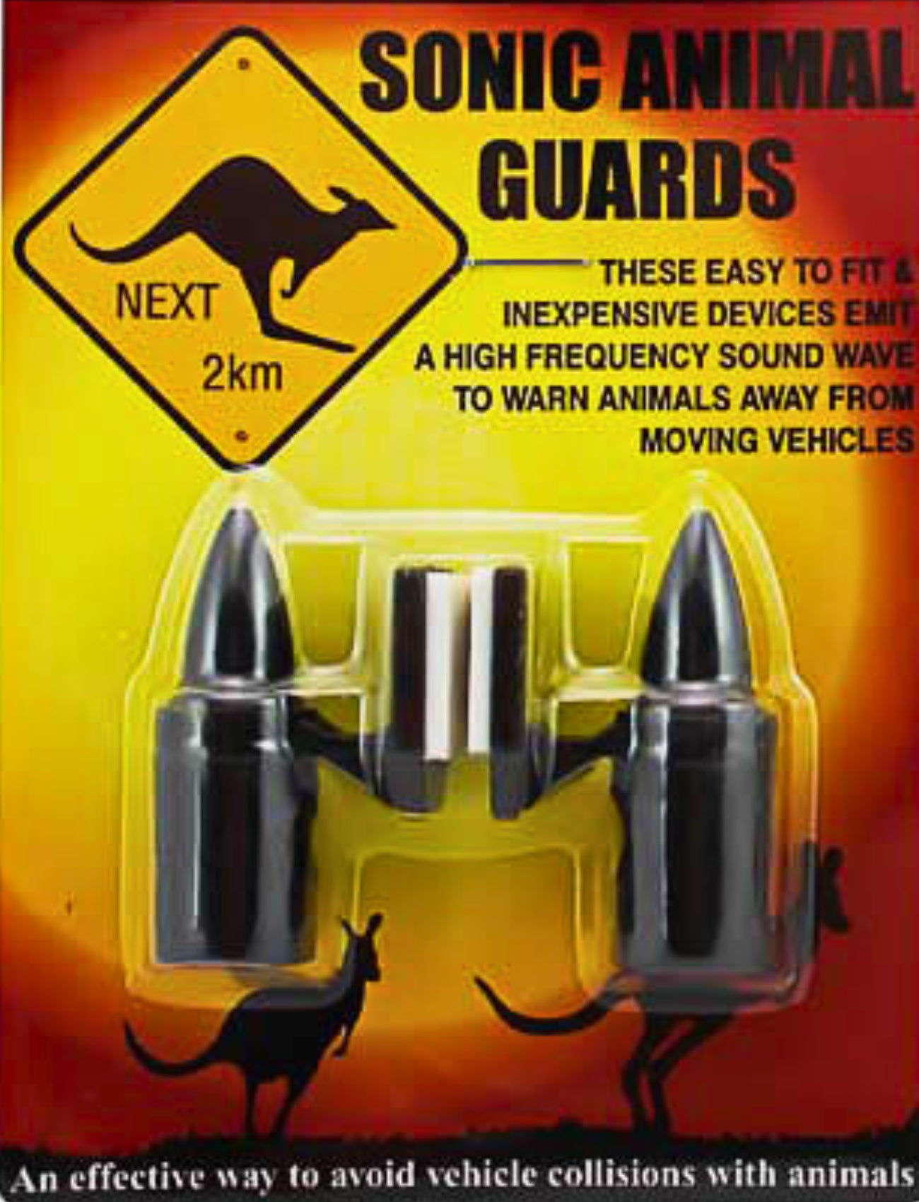 Sunland-Protection's Sonic Animal Guard: Australian-made ultrasonic animal repeller with 2 metallic units, kangaroo deterrent sign, and text stating sound waves deter animals. Kangaroo silhouette featured on the package.
