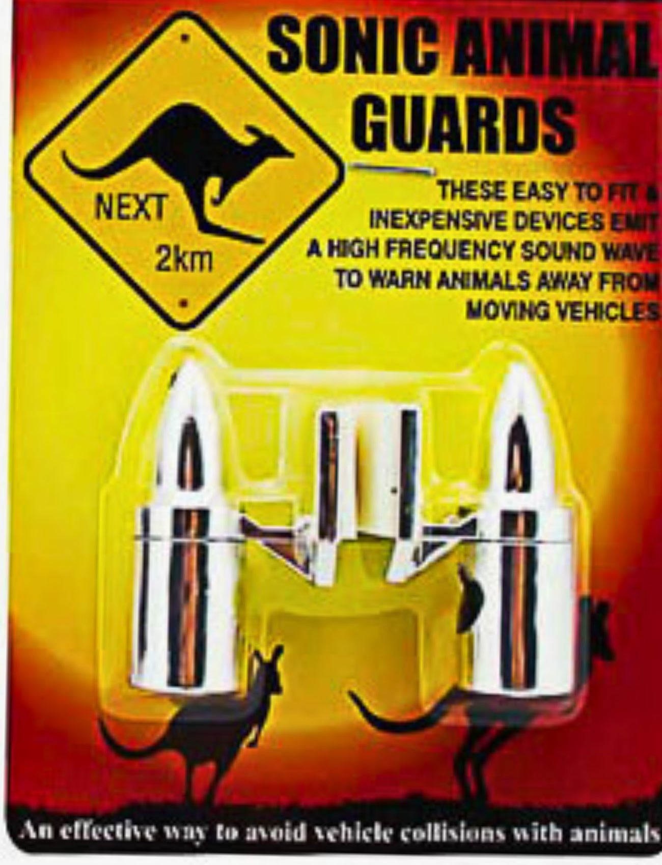 A package labeled "Animal Repellers - CHROME" by Sunland-Protection displays two silver animal repellers, a kangaroo warning sign, and kangaroo silhouettes. The text notes these ultrasonic car accessories emit sounds to deter animals.
