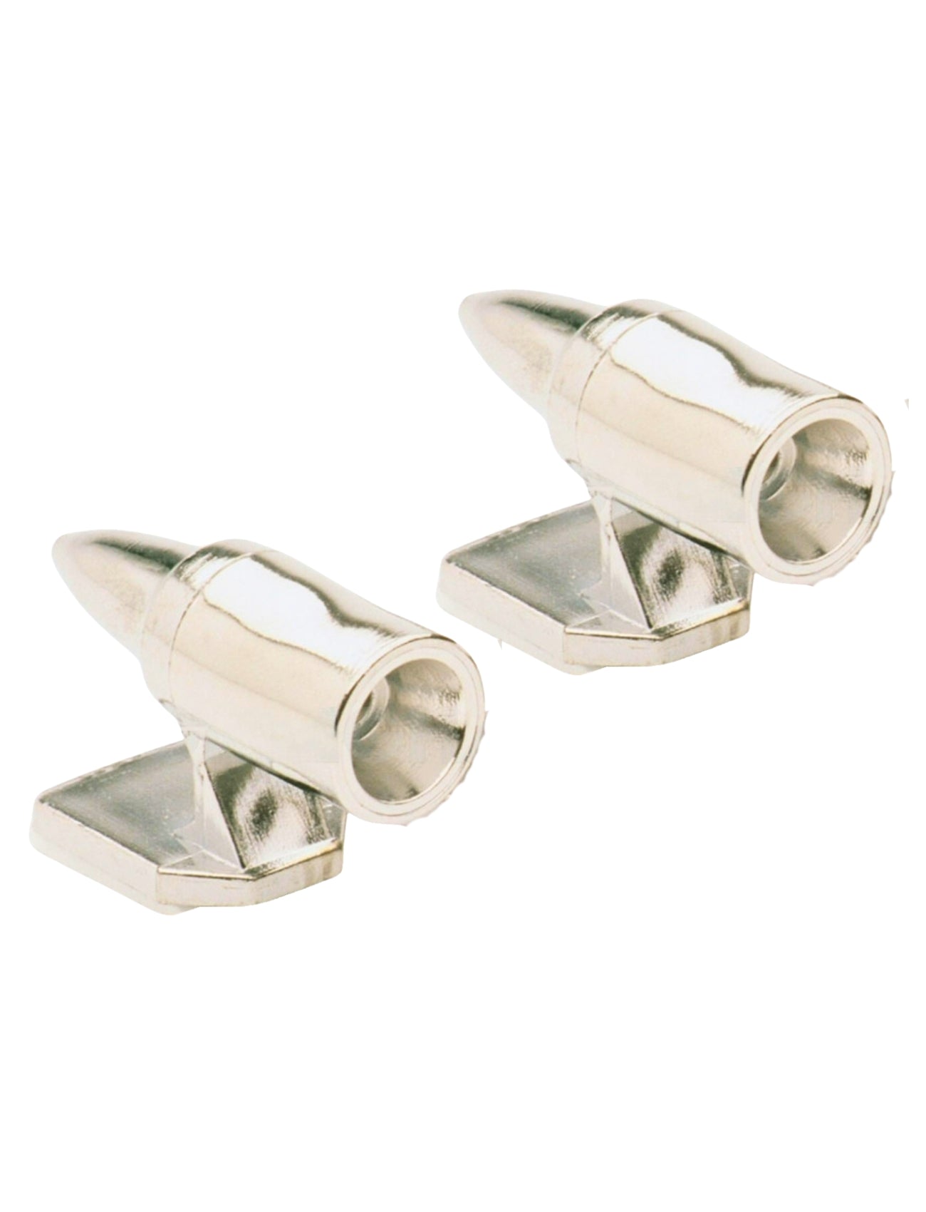 Two chrome bullet-shaped Animal Repellers by Sunland-Protection, mounted on small rectangular bases, are shown on a plain white background. These ultrasonic vehicle accessories help keep wildlife away from the road.