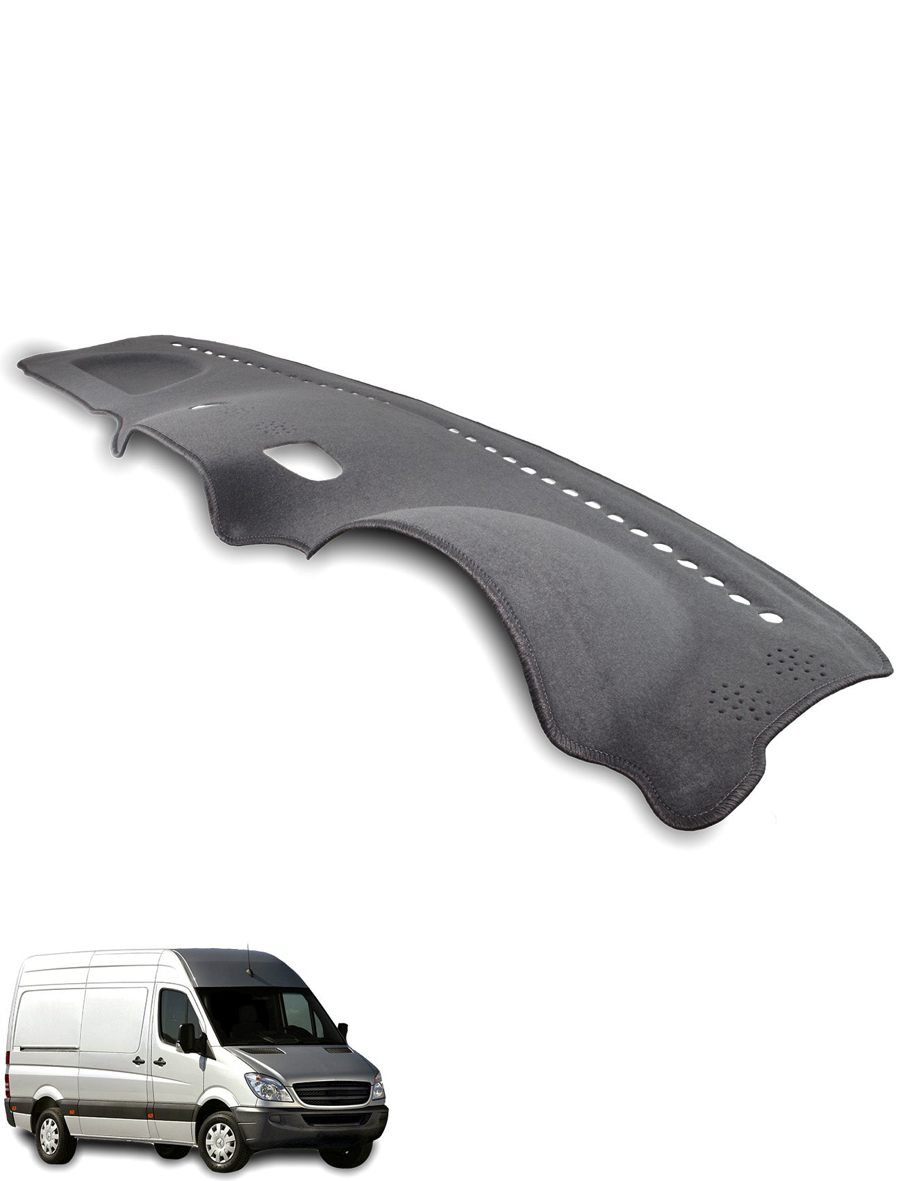 A Sunland-Protection Mercedes Benz Sprinter Dash Mat is shown above a Sprinter cargo van with black trim, both set against a plain white background.
