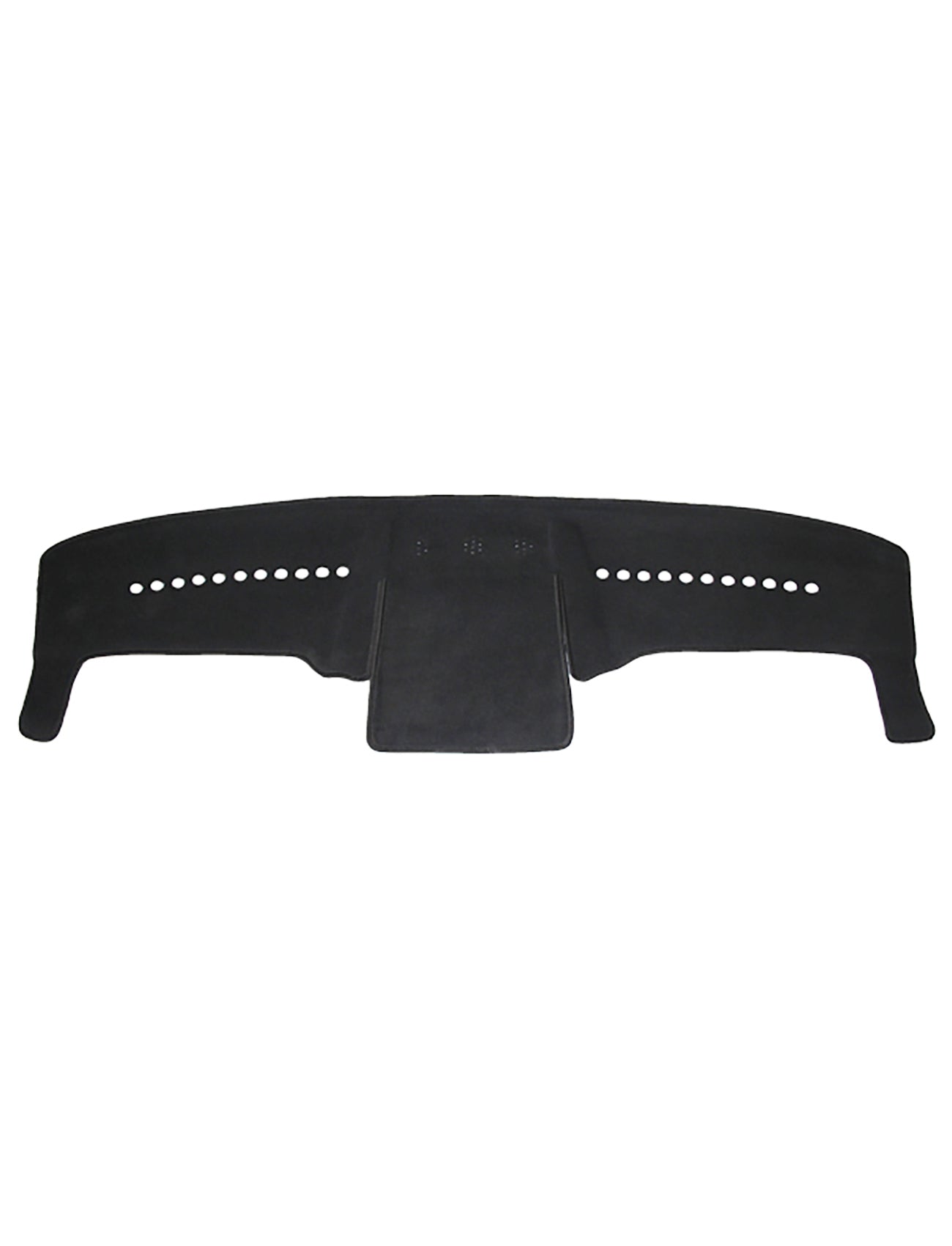 The charcoal Sunland-Protection Dash Mat for Mercedes Benz Sprinter 906 models from 10/2006 to 10/2013 is black with a curved design, featuring a rectangular center extension and multiple circular cutouts on both sides. It is airbag-safe for car dashboards.