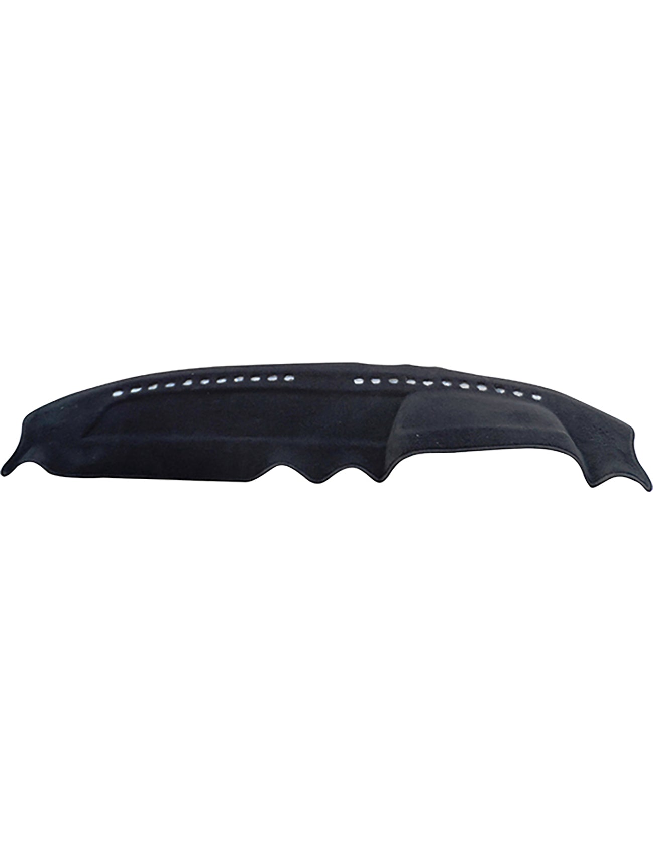 The Sunland-Protection Dash Mat Black for Mercedes Benz Chassis 123 (05/1974-11/1986, All Models - B401) features a series of vent holes along the top edge and a scalloped design along the bottom. Crafted from a soft material, this cover is designed to fit snugly onto your vehicle's dash, helping to prevent windscreen fogging.