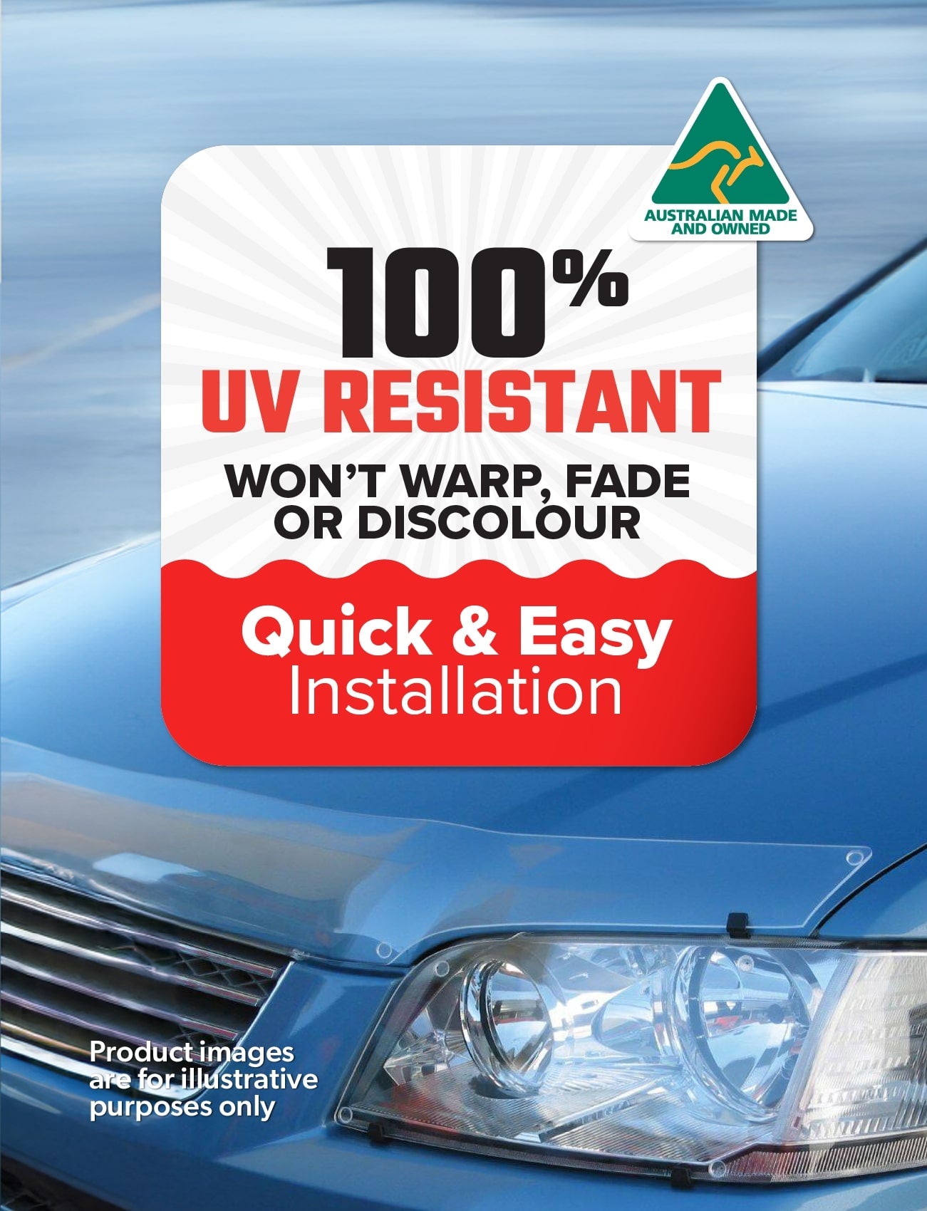 A promotional image features a Ford Ranger PY with overlay text promoting the UV stable Sunland Protective Plastics Bonnet Protector in clear. The text assures customers that the product will not warp, fade, or discolor and highlights its quick and easy installation process. An Australian-made logo is prominently displayed in the corner.