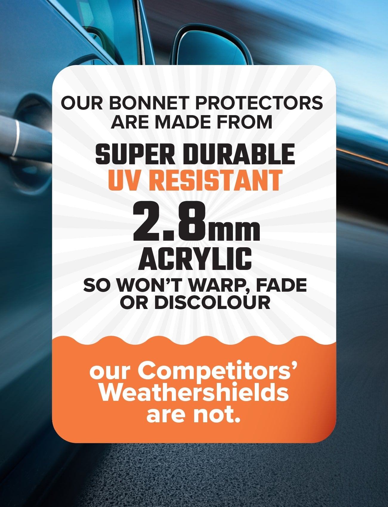 Advertisement on a car door promoting the Sunland Protective Plastics Bonnet Protector Clear for Ford Ranger PY (including Everest UB) 06/2022-On, model F385B. The text emphasizes its features: "Super durable UV stable acrylic, 2.8mm thick, won't warp, fade or discolor." It claims that competitors’ weathershields lack these qualities. The background depicts a car in motion.