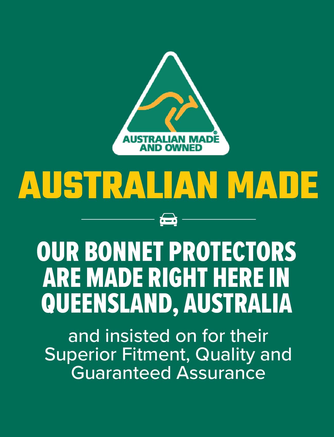 The Daihatsu Charade Bonnet Protector (Clear, D105BT) by Sunland Protective Plastics features a green background with a yellow Australian Made and Owned logo. It is crafted in Queensland from UV-stable acrylic for superior fitment, quality, and assurance.