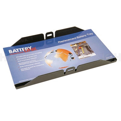 Image of the Battery Link Metal Battery Tray packaging. The box displays an illustration of a globe and a battery, along with text highlighting its protective features. The universal metal battery tray is partially visible beneath the packaging, showcasing its durability for versatile use.