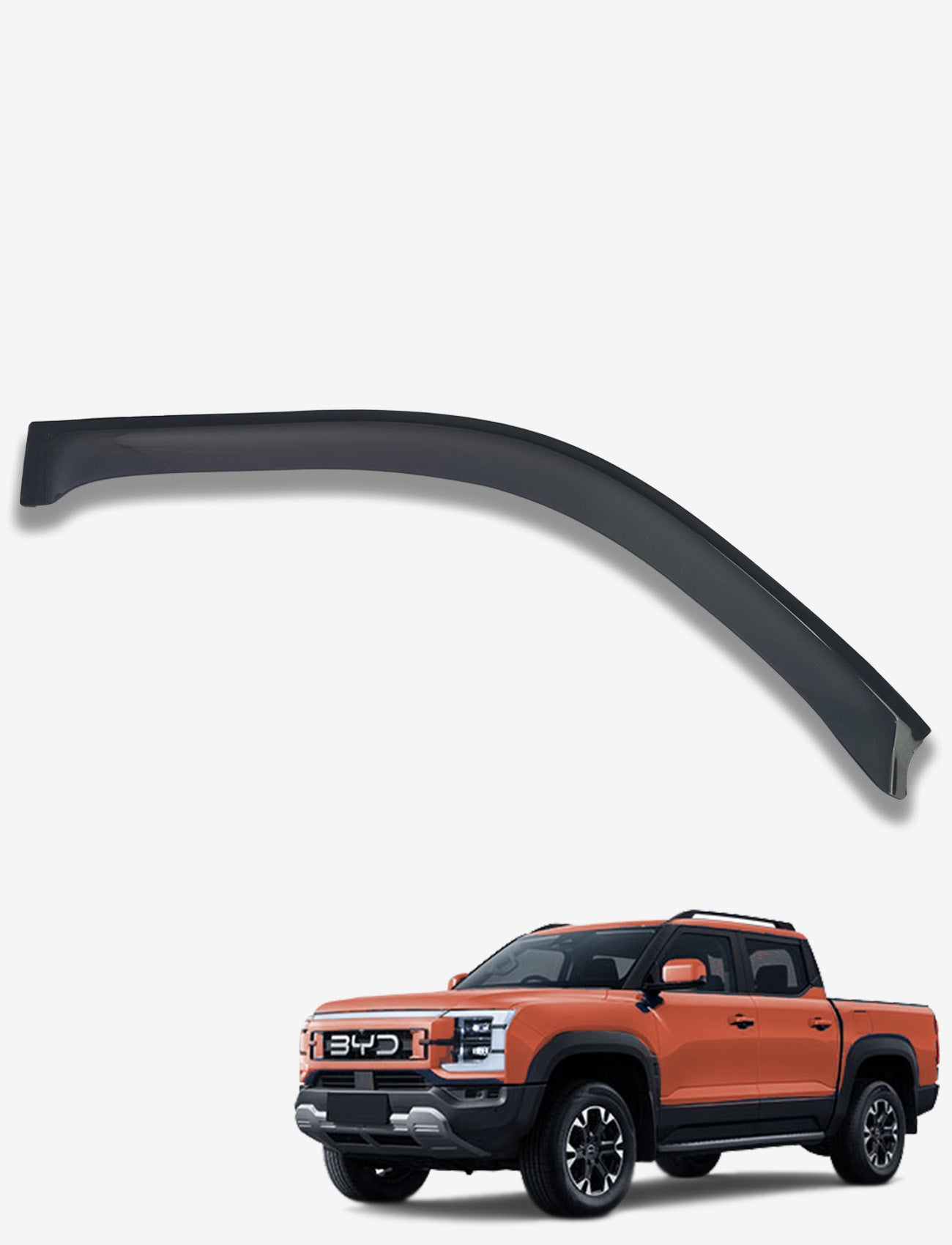 A Sunland Protective Plastics BYD Shark 6 Weathershield Slimline Dark Tint (Driver) is shown above an orange BYD pickup truck on a plain white background.