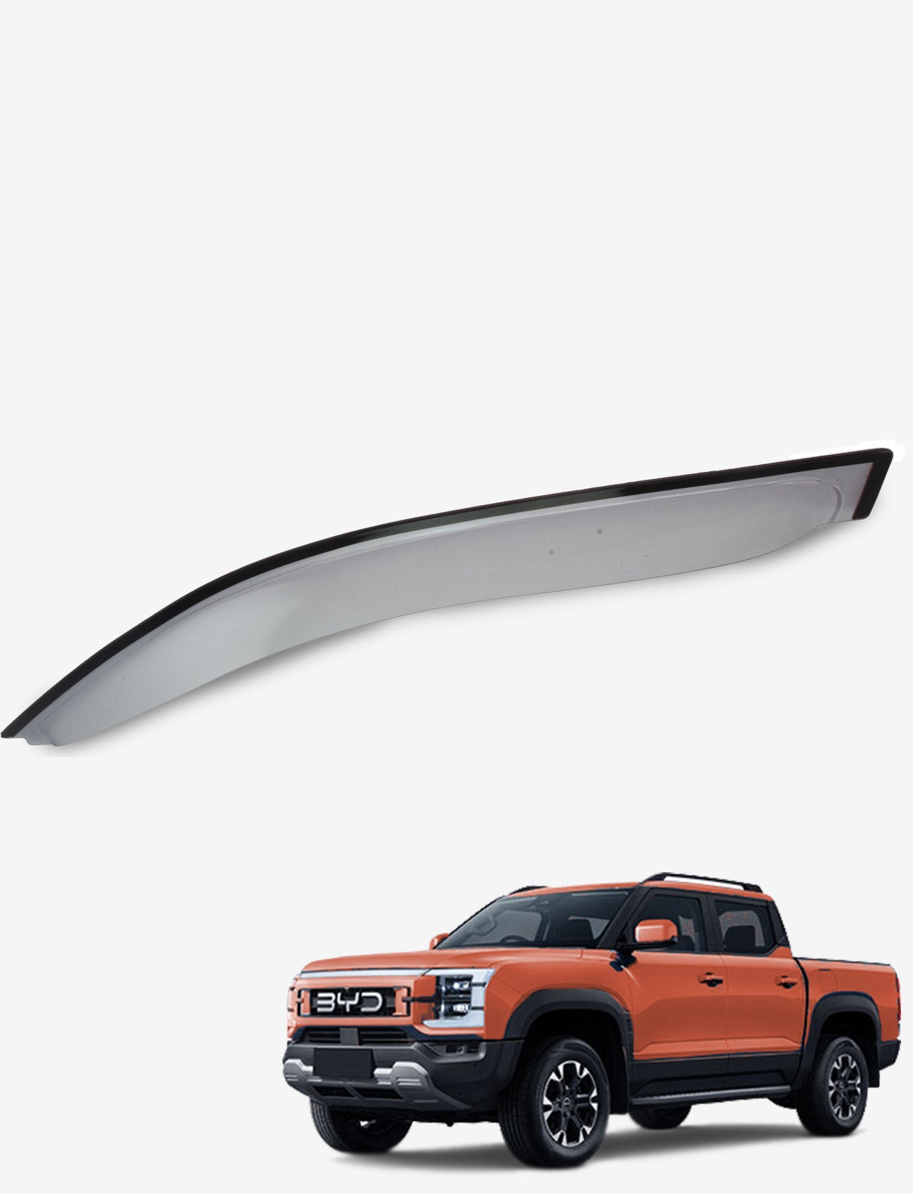 A BYD Shark 6 pickup in orange is parked beneath a close-up of Sunland Protective Plastics' slimline light tint weathershield for passengers, with both set against a plain white background.
