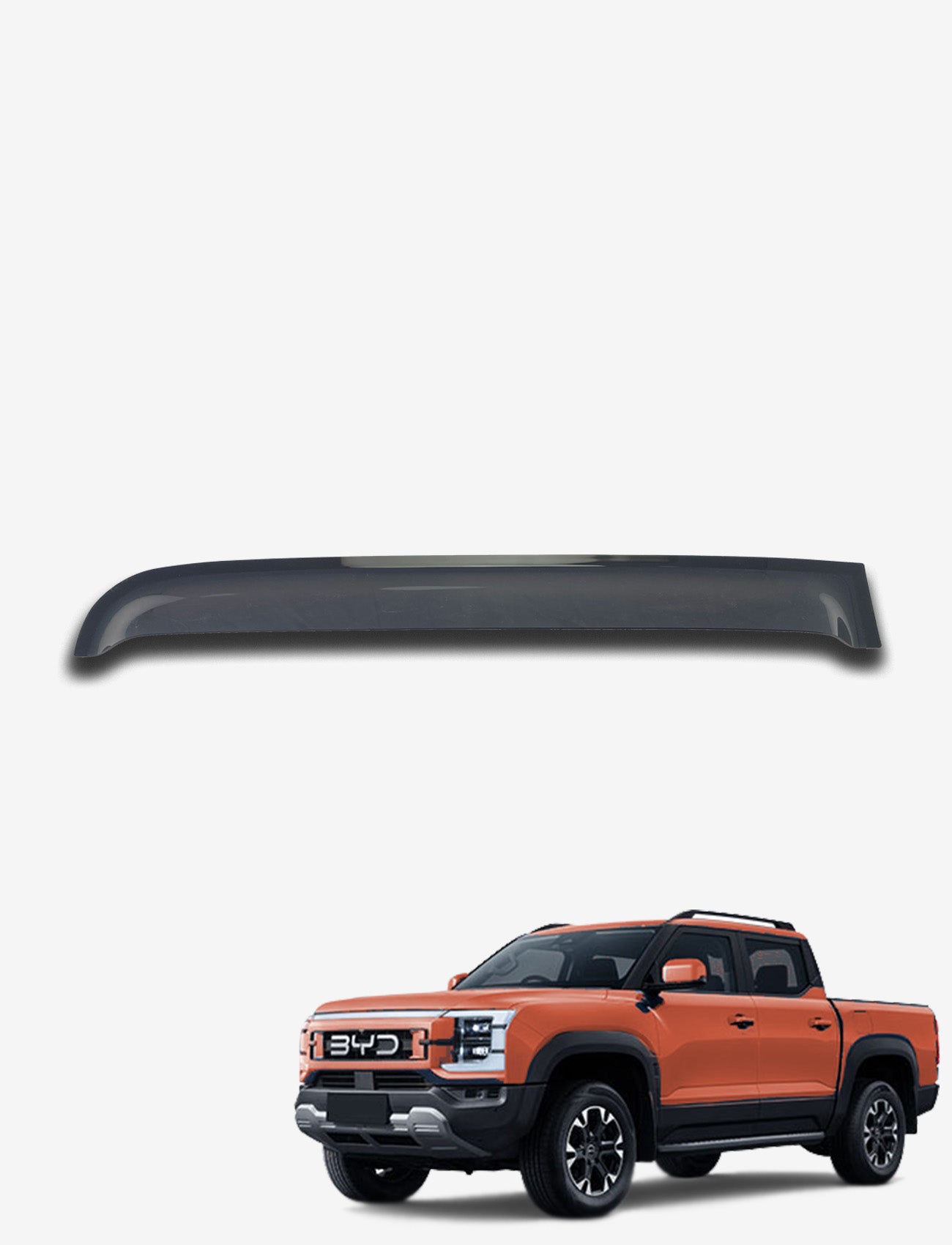 A Sunland Protective Plastics BYD Shark 6 Weathershield, Slimline Rear Driver in dark tint is displayed above an orange BYD pickup truck on a plain white background.