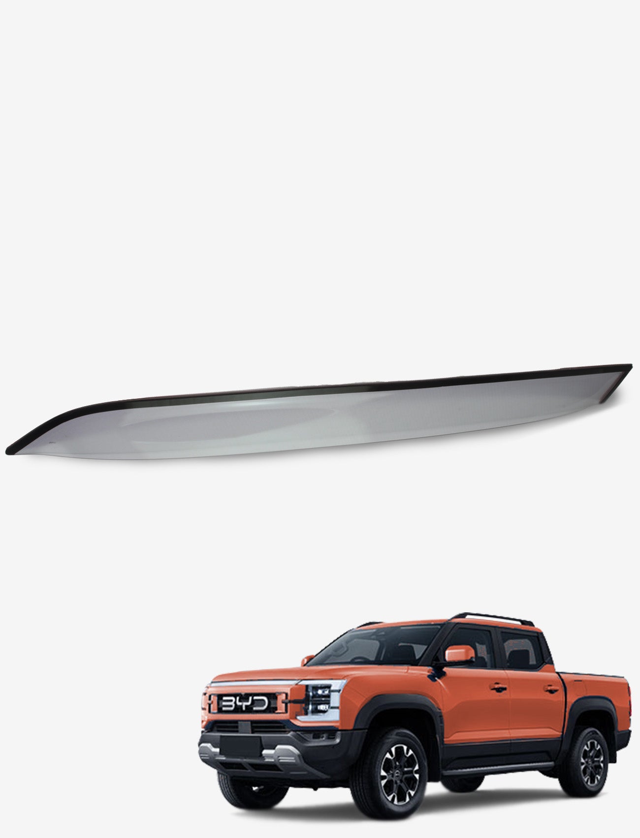 A Sunland Protective Plastics BYD Shark 6 Weathershield, Slimline Light Tint (Rear Driver), is displayed above an orange BYD pickup with black accents, all set on a plain white background.