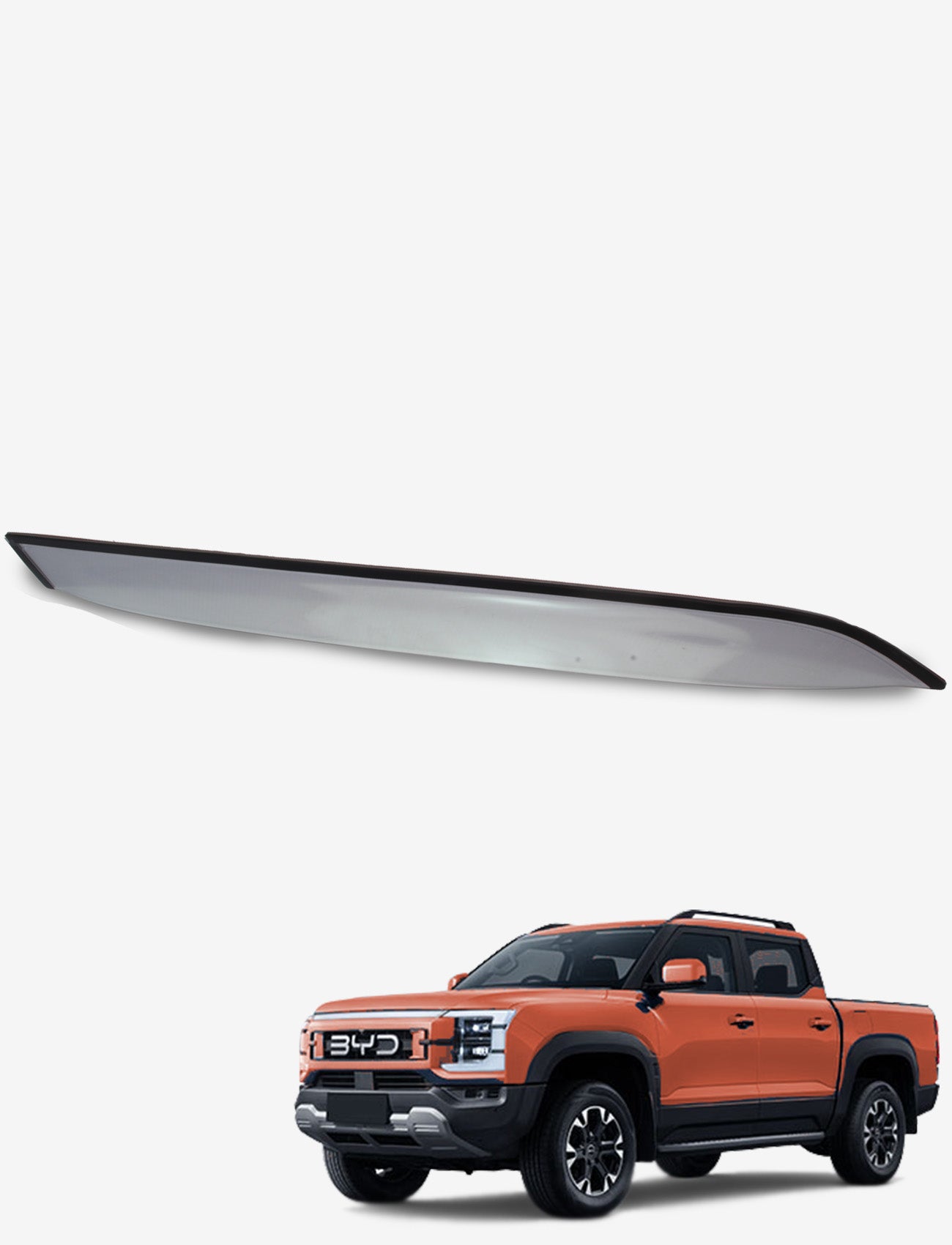 An orange BYD pickup truck is parked in front of a Sunland Protective Plastics BYD Shark 6 Weathershield Slimline Light Tint Rear Passenger, shown isolated on a plain white background.