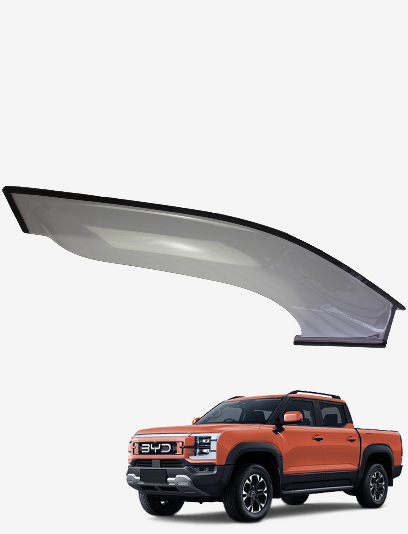 A Sunland Protective Plastics BYD Shark 6 Weathershield, Fullsize Light Tint, Driver is shown fitted above an orange BYD pickup with black trim, displayed on a plain white background.
