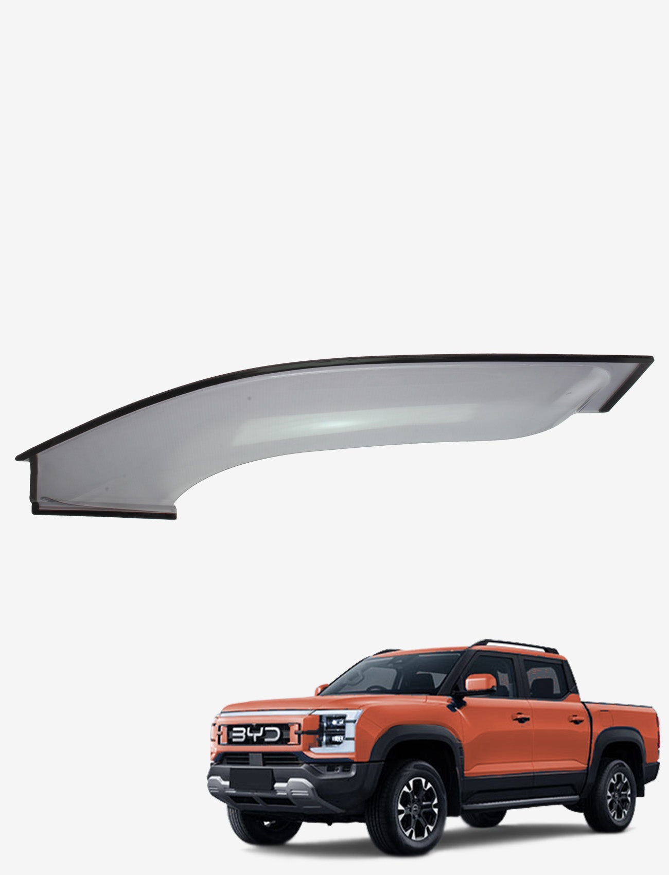 A white overhead light panel is shown above an orange BYD pickup truck fitted with Sunland Protective Plastics BYD Shark 6 Weathershield, Fullsize Light Tint (Passenger) against a plain white background.