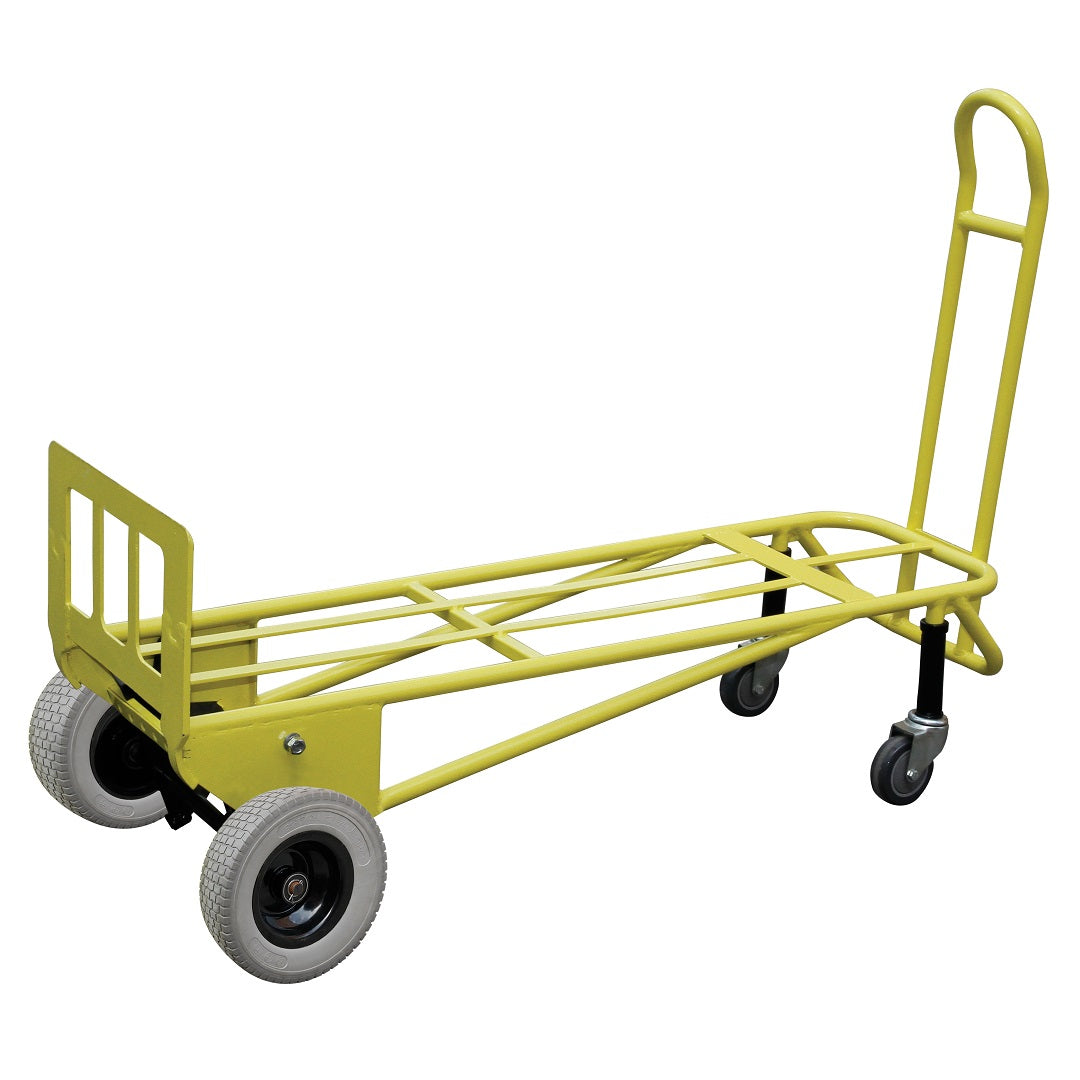 The Bailey Hand Truck/Trolley, known as "The Transformer" by Bailey Hand Trucks, is a yellow industrial utility cart that features a robust metal frame. It is equipped with two large black and white wheels at the front and two smaller swivel casters at the rear. This four-wheel flatbed trolley includes a tall handle for easy pushing or pulling and boasts an impressive 450kg load capacity.