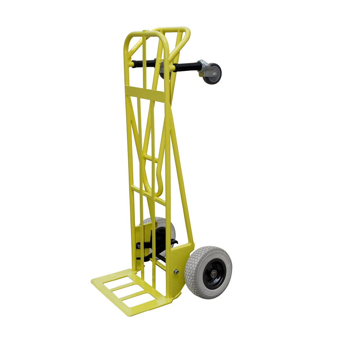 The Bailey Hand Trucks' Bailey Hand Truck/Trolley - The Transformer features a vibrant yellow frame made of sturdy metal, equipped with two large black wheels and an additional small black support wheel at the top. Its flat base can transport items weighing up to 450kg. For easy maneuverability, the handle is designed with a gray grip.