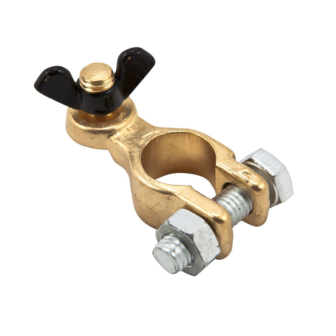 Introducing the Battery Link Marine Battery Terminals by Battery Link, featuring a brass connector with a wing nut and bolt fastening system. These terminals are designed specifically for marine battery posts, securely anchoring battery cables with a circular opening and screw for easy tightening.