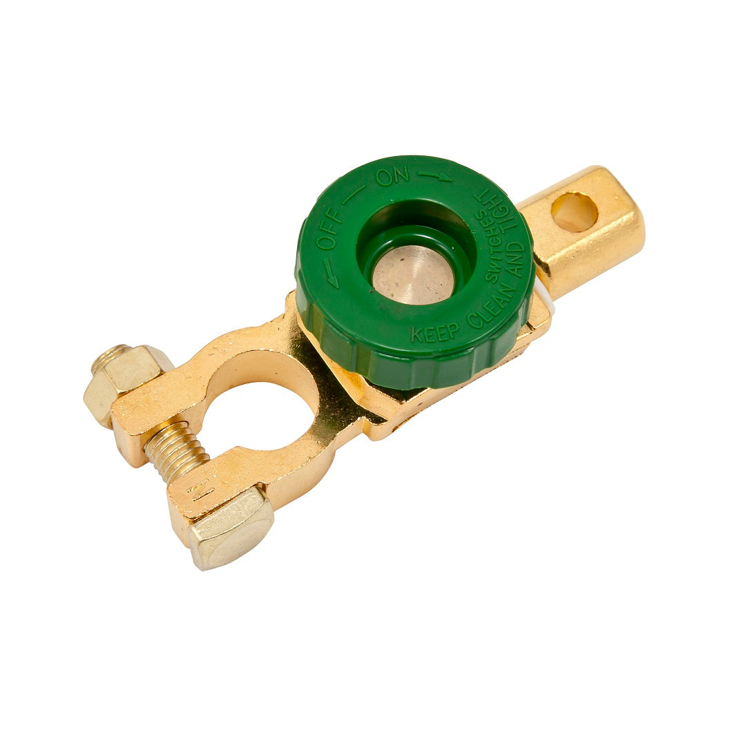 The Battery Link Battery Isolator Switch by Battery Link is an automotive brass battery terminal switch featuring a green plastic dial marked "OFF - ON" and "KEEP CLEAN." This anti-theft device connects to a battery terminal for easy disconnection, aiding in the prevention of battery drain.