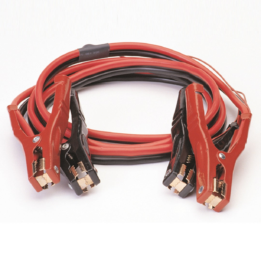 Battery Link's 200Amp Jumper Leads, coiled neatly, feature red and black clamps for jump-starting vehicles. The red clamps are positive, while the black clamps are negative. These leads are made of insulated material and include copper teeth for a secure connection.