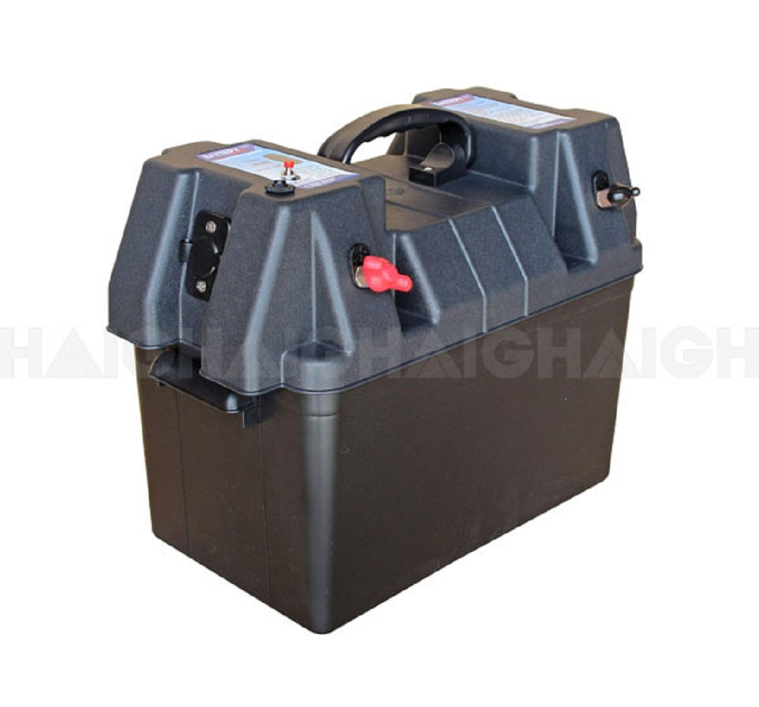 The Battery Link Battery Box Powered XL by Battery Link is designed to house and securely store a battery. It features a convenient handle on top, red and black terminals, a 12V accessory socket, labeled specifications, and includes a circuit breaker for enhanced safety. The box is colored in black and gray.