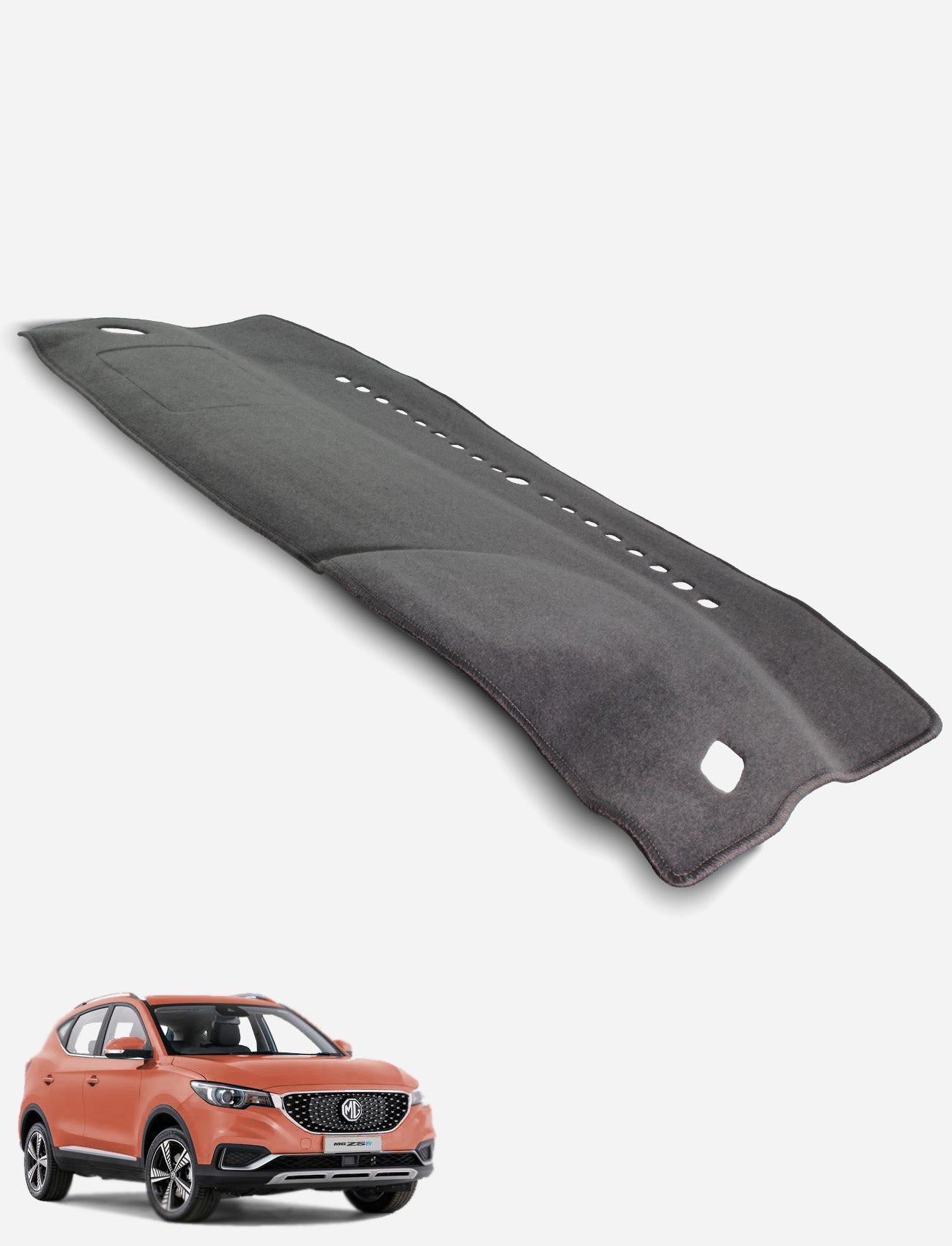 The Sunland-Protection MG ZS Dash Mat, shown in black with vent cutouts above a small orange SUV on a white background, is designed to help protect your vehicle’s resale value.