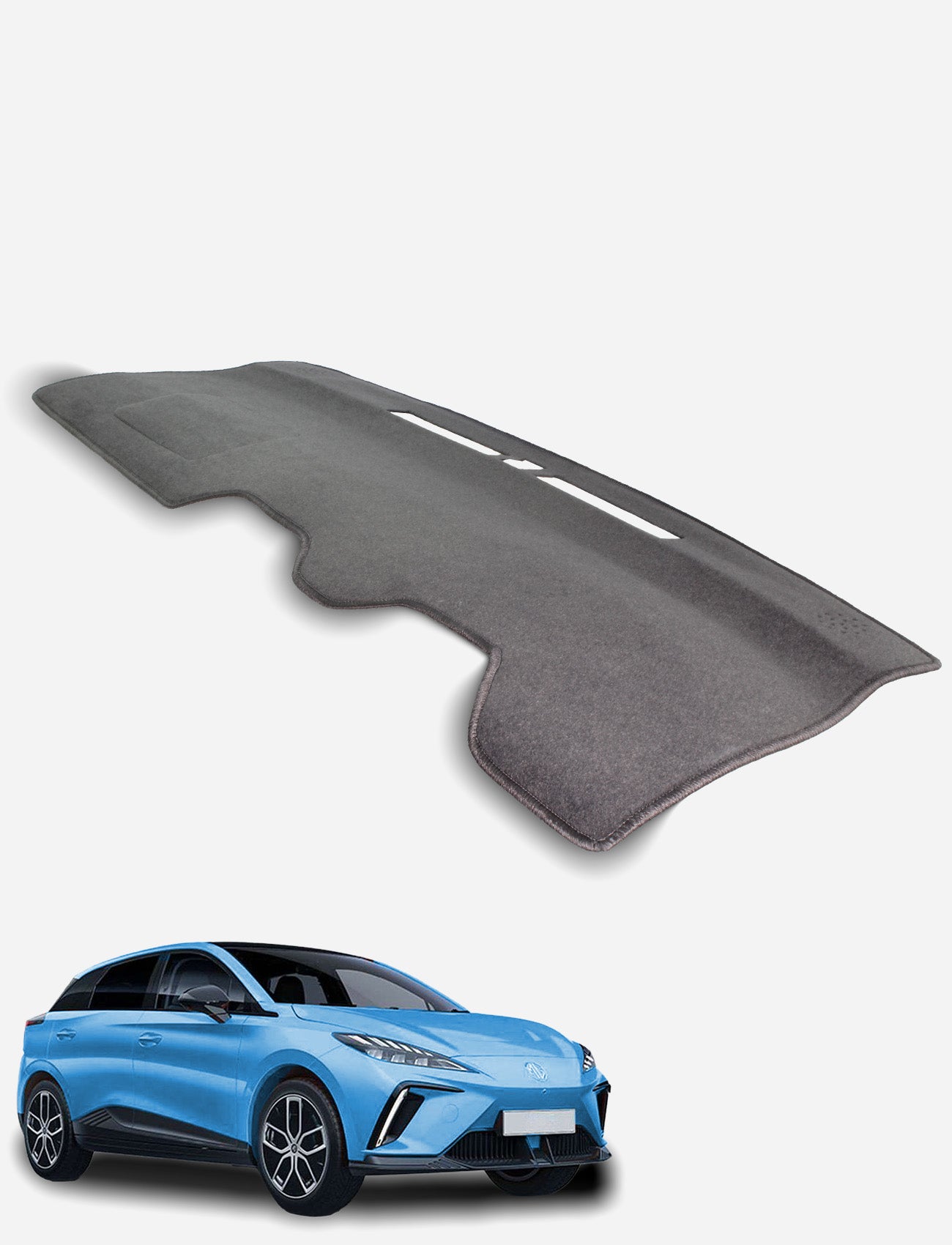 A Sunland-Protection MG MG4 MEH32 Dash Mat is shown above a blue hatchback on a white background, illustrating how this dash mat keeps your car cool and preserves its resale value.