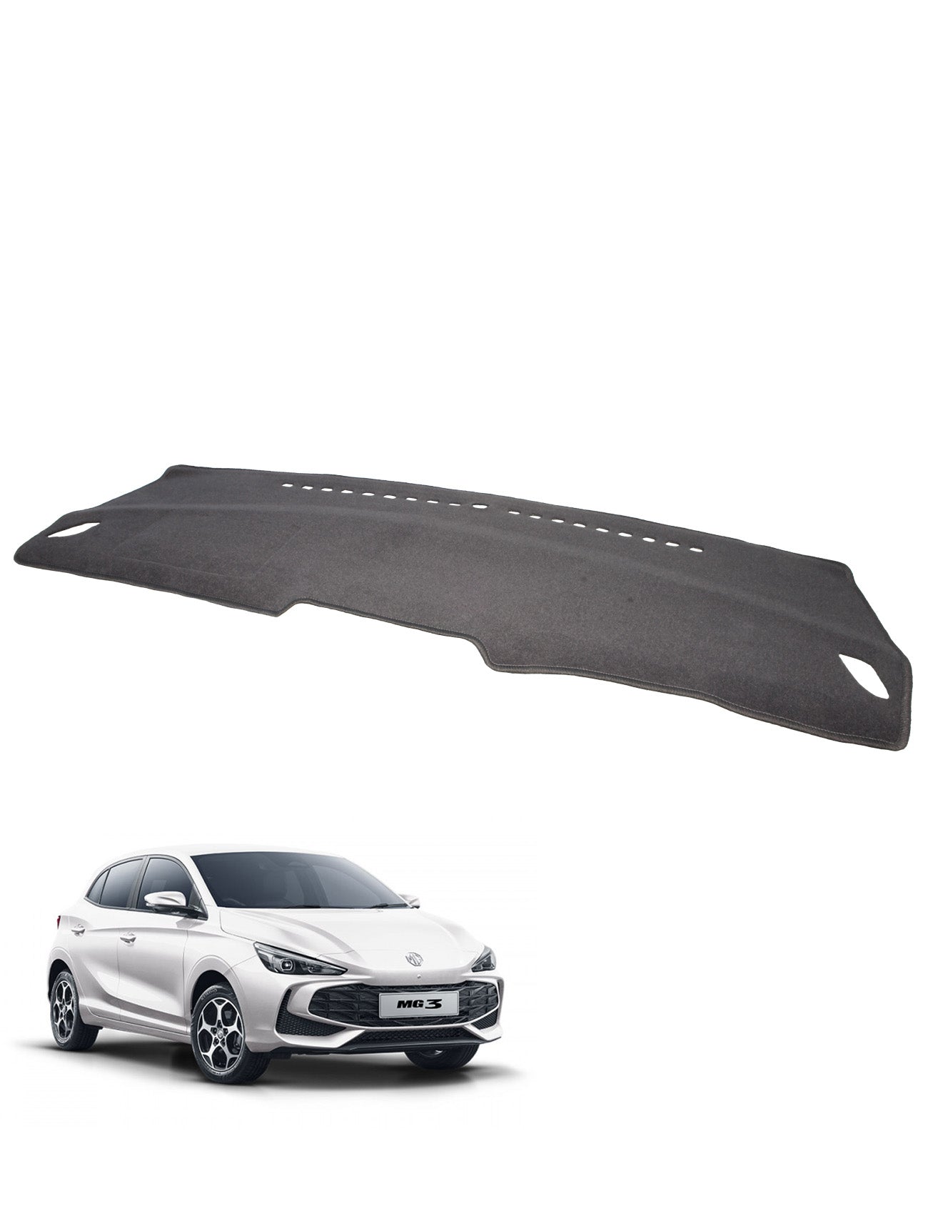 The image features a Sunland Dash Mat in Charcoal, from Sunland-Protection, perfectly covering the dashboard of a white MG MG3 ZP22. This stylish vehicle accessory is tailored to fit all models from 04/2024 and beyond, safeguarding your car's dashboard and preserving its resale value.