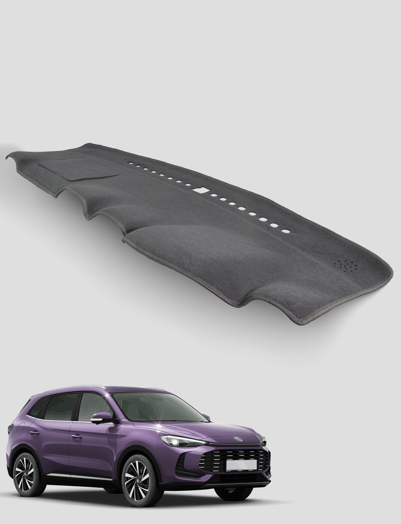 The Sunland-Protection MG ZS ZS32 Dash Mat, a black dashboard cover with vent cutouts for protection and glare reduction, is displayed above a purple compact SUV on a light gray background.