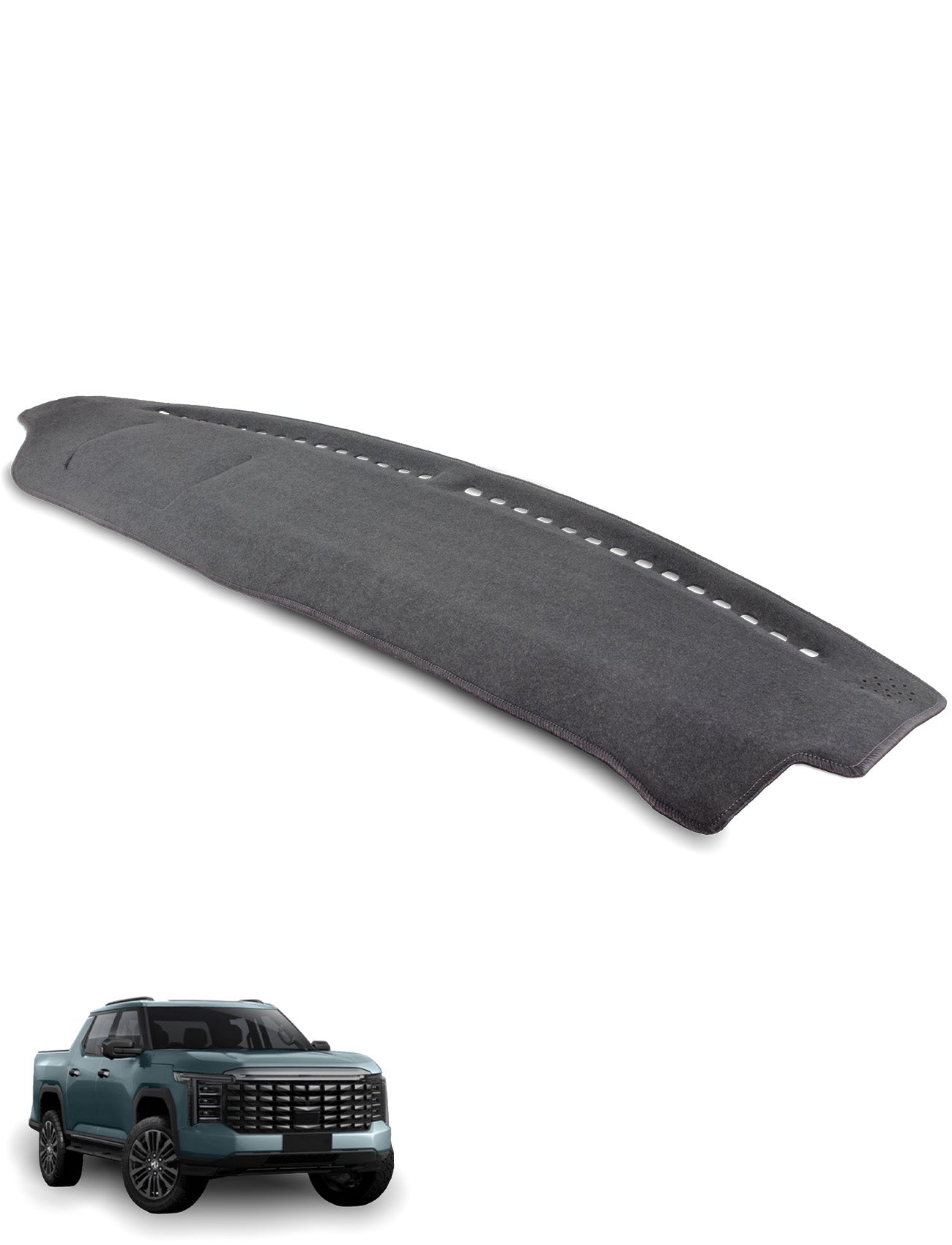 A Sunland-Protection MG MGU9 Dash Mat in black is shown above a blue Toyota Tundra, offering an Australian-made, glare-free dash cover designed for a perfect fit and superior dashboard protection.