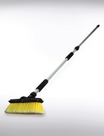 The Bubbles Extendable Car Wash Brush features a yellow bristle head on a white background, a black-gripped handle for easy handling, water flow support for efficient cleaning, and extends to 1.6 meters.