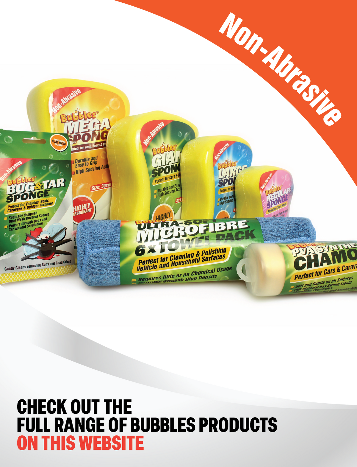 Explore our Bubbles cleaning essentials: Mega Sponge, Giant Sponge, and Microfibre Pack. These non-abrasive items are perfect for gentle cleans and pair well with the Car Wash Brush Replacement Head - Suits 2.4m for a brilliant shine. Discover the collection online.