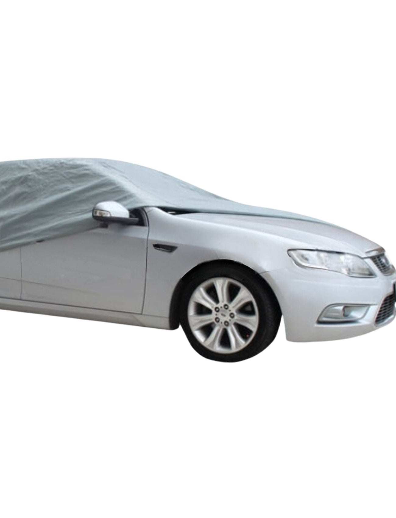 A silver car, partially concealed with its wheels and front grille exposed, is covered by the Sunland-Protection Car Cover - Large, which is 100% waterproof and UV stabilized. The scene is set against a plain white background.