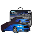 The Sunland-Protection Ford Mustang Car Cover packaging showcases a blue Mustang with a custom-fit black cover. It features "Indoor series" text, emphasizing its ideal indoor dust protection, and is crafted from high-quality, stretchy fabric for a perfect fit for your Mustang.