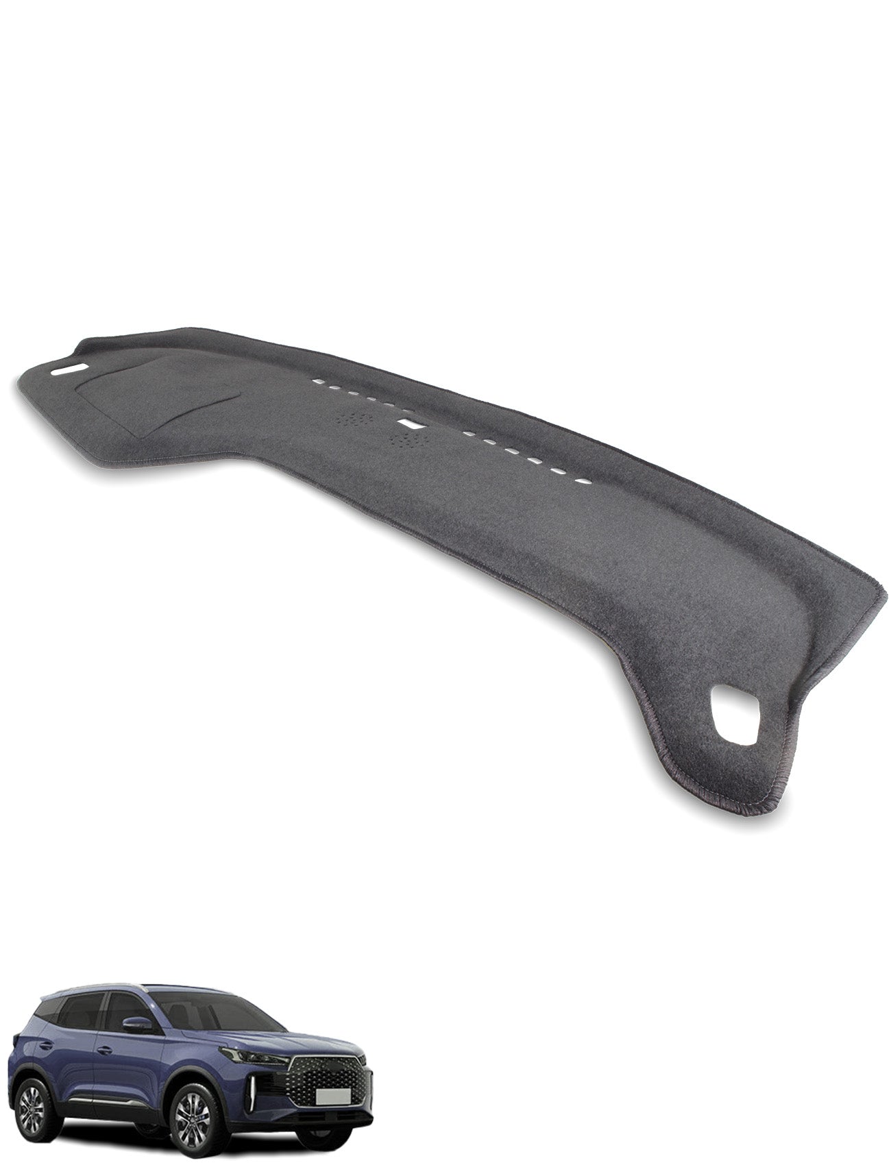 The Sunland-Protection Chery Tiggo 4 Dash Mat T3X is a black fabric dashboard cover with cutouts, custom-fitted for the Chery Tiggo 4, shown above a small image of a blue SUV.