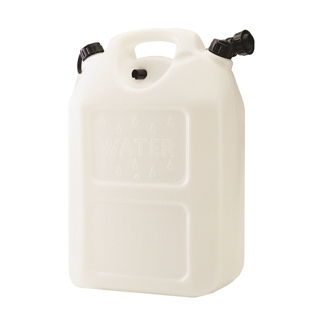 The Cargo Mate Plastic Water Container - 20L from Cargo Mate is a white, rectangular plastic container that is BPA-free. It features a handle on top, two black caps—one large and one small—and is labeled "WATER" with a minimalistic design while embossed drop patterns around the text ensure your fresh drinking water stays safe.