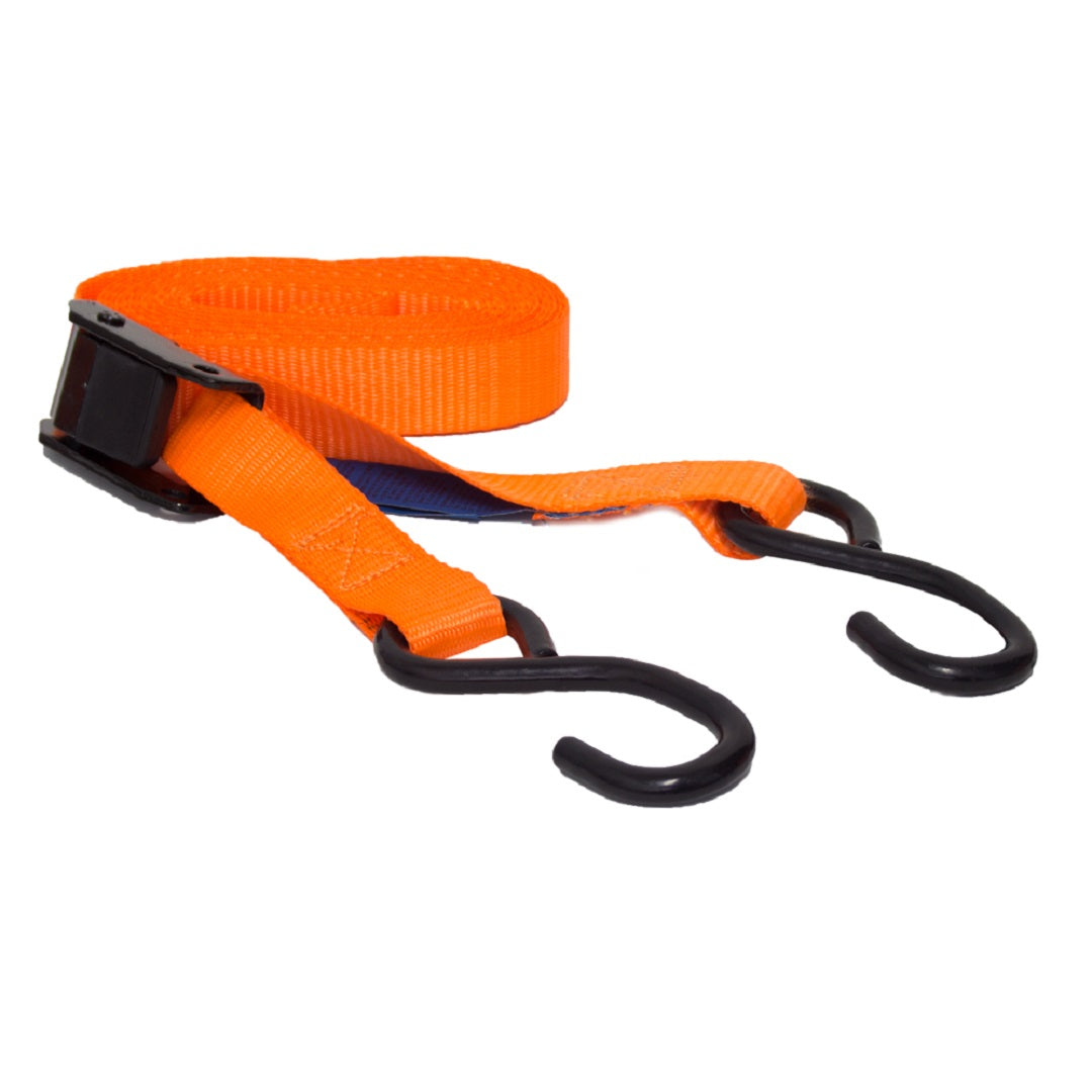 The Cargo Mate Cam Buckle Tie Down - 25mm x 3.6m is an orange polypropylene webbing strap featuring a cam buckle locking mechanism and two black S-hooks on either end, designed for securing cargo. The strap, from the brand Cargo Mate, boasts impressive lashing capacity and is neatly rolled up beside the hooks.