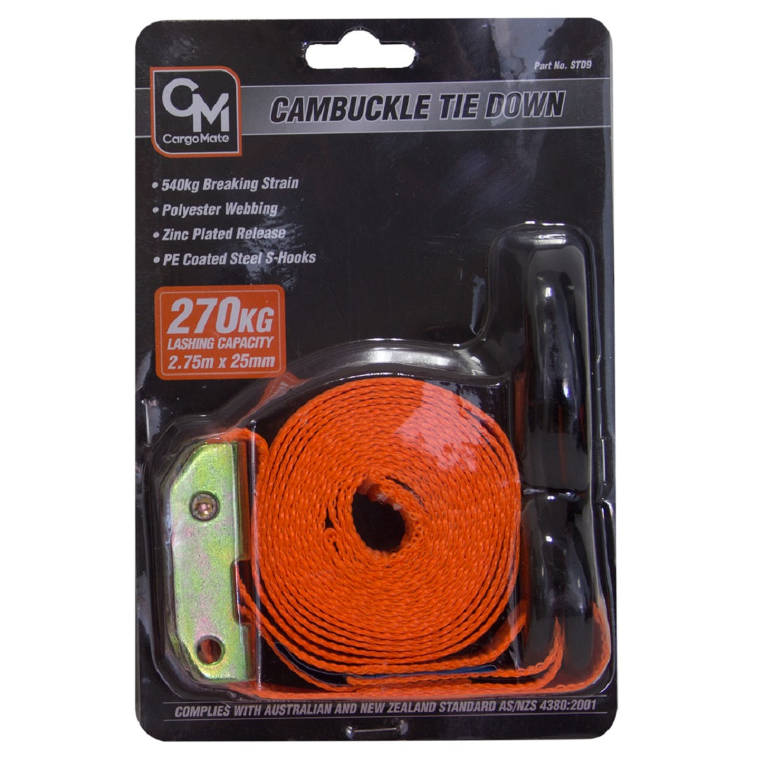 The Cargo Mate Cam Buckle Tie Down - 25mm x 2.75m by Cargo Mate features an orange strap with metal hardware and offers a lashing capacity of 270 kg. Measuring 2.75 meters in length, it is crafted from durable polyester webbing and zinc plating, and comes equipped with sturdy black hooks for secure fastening. The tie down includes a reliable cam buckle mechanism for added security.