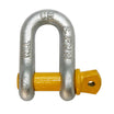 The Cargo Mate D Shackle 1.6T, ideal for towing, features embossed "CM," "WLL," and "S-12MM." It has a U-shaped body with a yellow screw pin closure, ensuring reliable load handling.