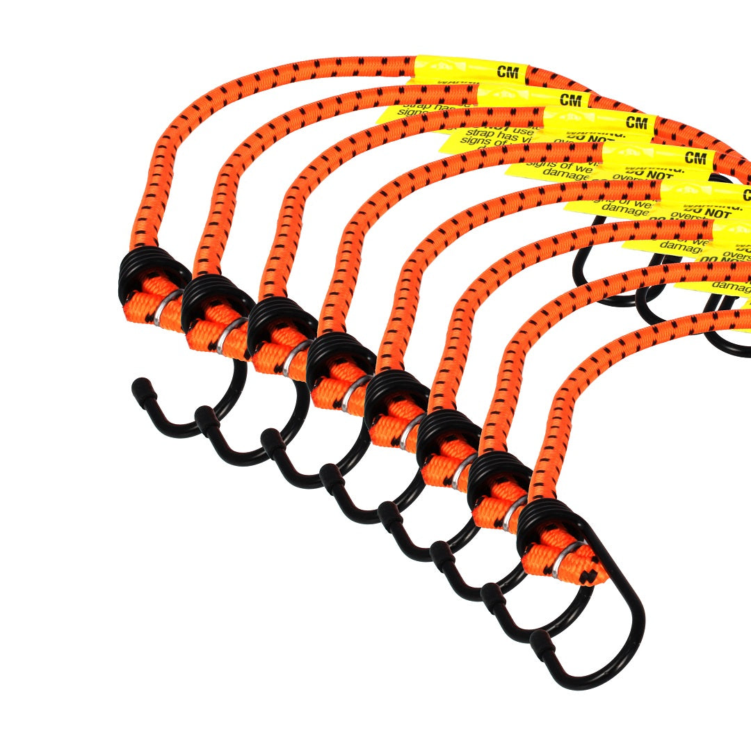 A set of six Cargo Mate Occy Straps from the Mixed 8pk collection, featuring orange elastic cords with black plastic-coated hooks, neatly aligned side by side. Each strap includes a yellow label near the hook. These luggage straps are designed by Cargo Mate for securing and fastening objects. The background is white.