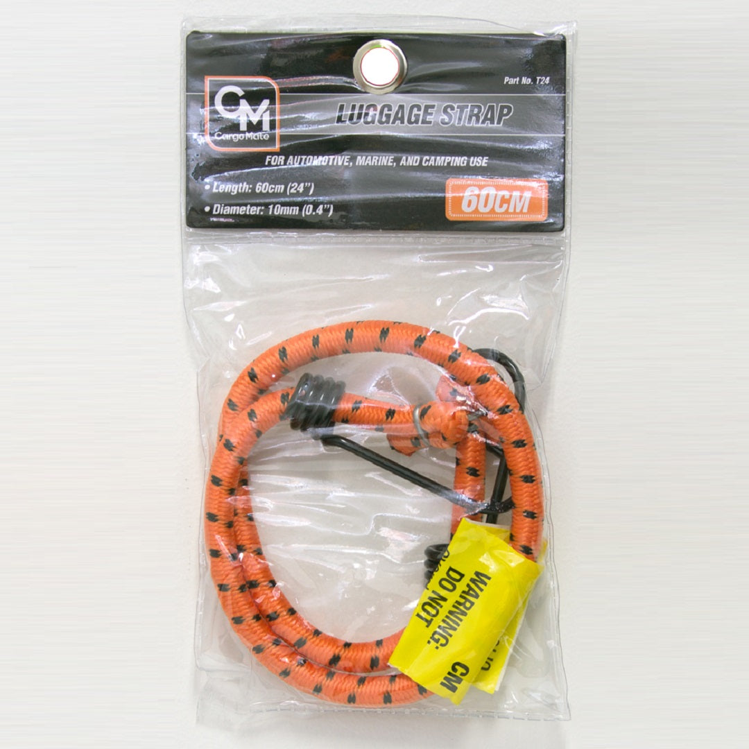 The image shows an orange and black striped luggage strap in clear plastic packaging. The label reads "Cargo Mate Occy Strap - 60cm," measuring 60 cm (24 inches) in length and 10 mm (0.4 inches) in diameter. The brand name "Cargo Mate" is visible on the top left corner of the packaging, featuring plastic-coated hooks for added durability.