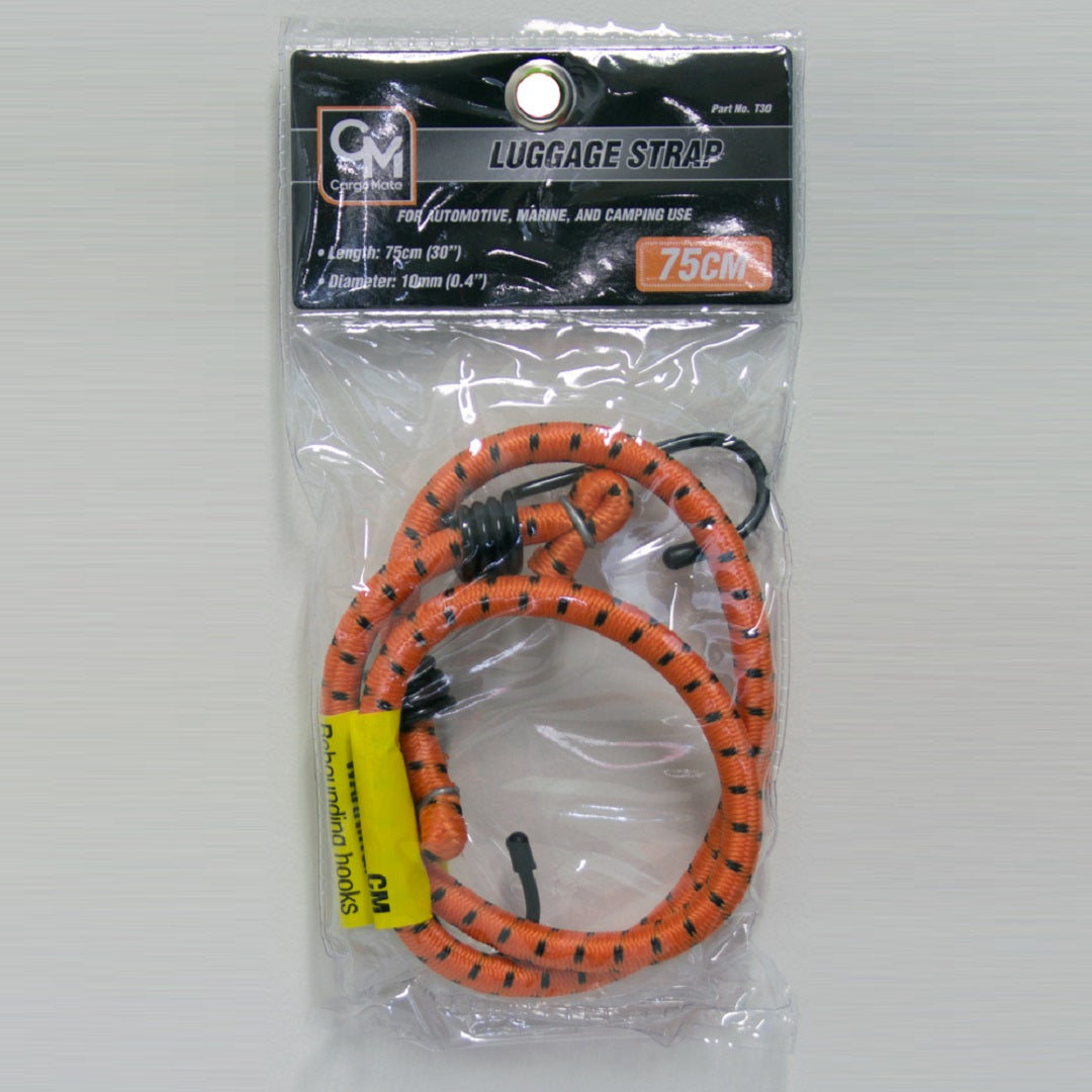 The image shows a packaged Cargo Mate Occy Strap - 75cm, featuring plastic-coated hooks. Designed for automotive, marine, and camping use, the strap is made from an elastic cord measuring 75 cm in length and 10 mm in diameter. It boasts an orange color with black markings in a coiled construction. The brand label "Cargo Mate" is visible on the packaging.