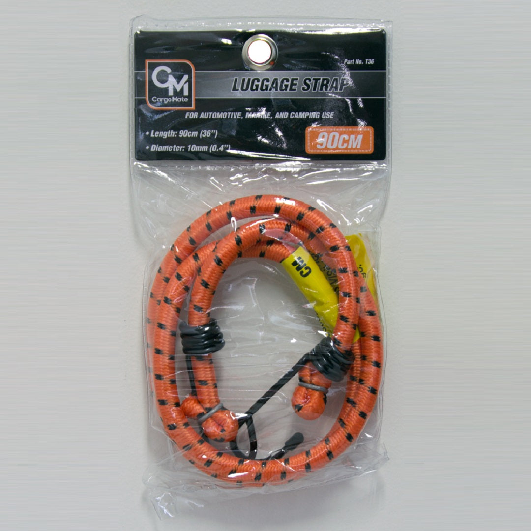 The Cargo Mate Occy Strap - 90cm from Cargo Mate is a packaged orange and black striped elastic luggage strap. The coiled strap measures 90cm (36") in length with a 10mm (0.4") diameter and is equipped with plastic-coated hooks for securing automotive, travel, and camping gear.